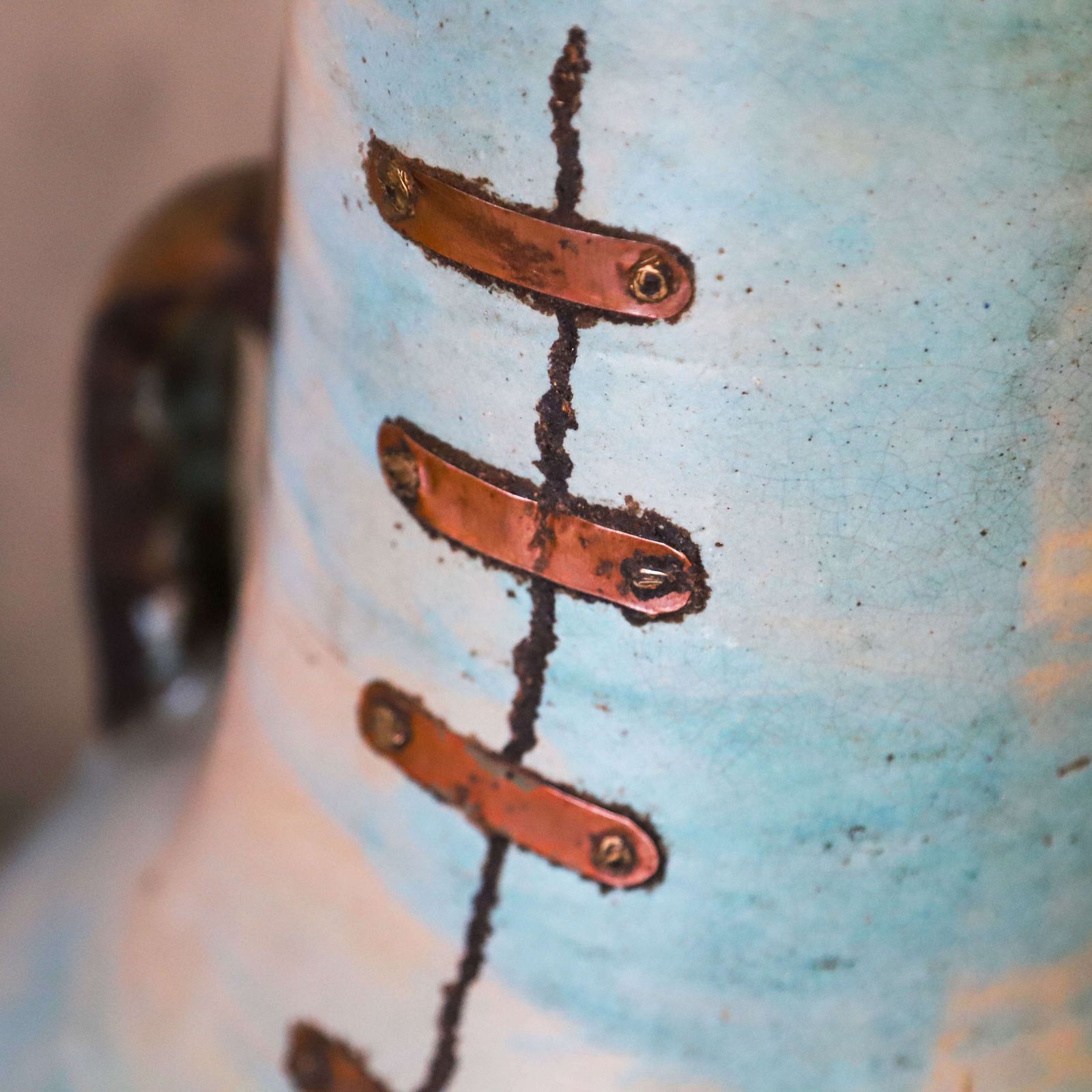 2 X French Artisan Vases With Turquoise Ceramique And Copperised Glaze photo vintage