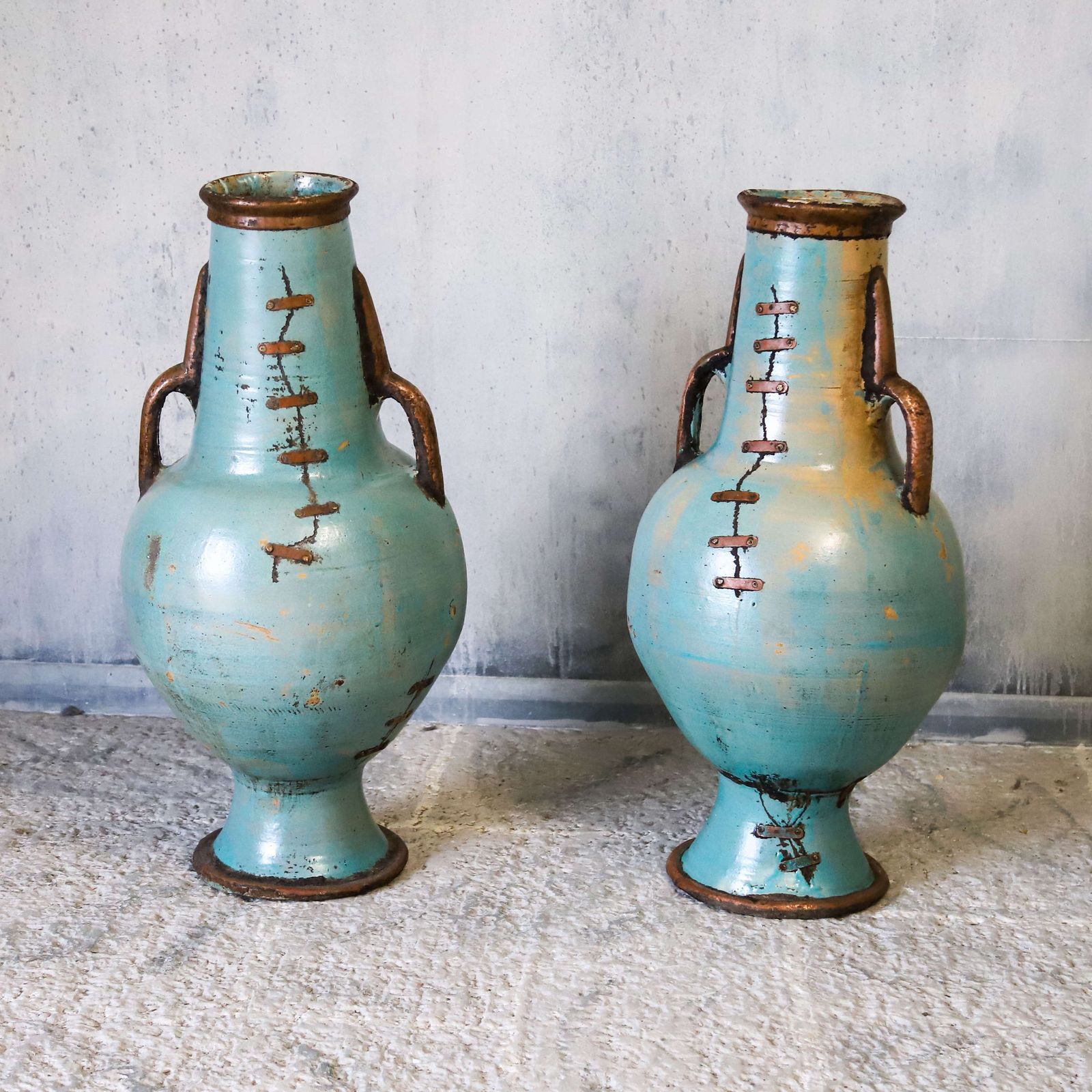 Home Decor 2 X French Artisan Vases With Turquoise Ceramique And Copperised Glaze photo