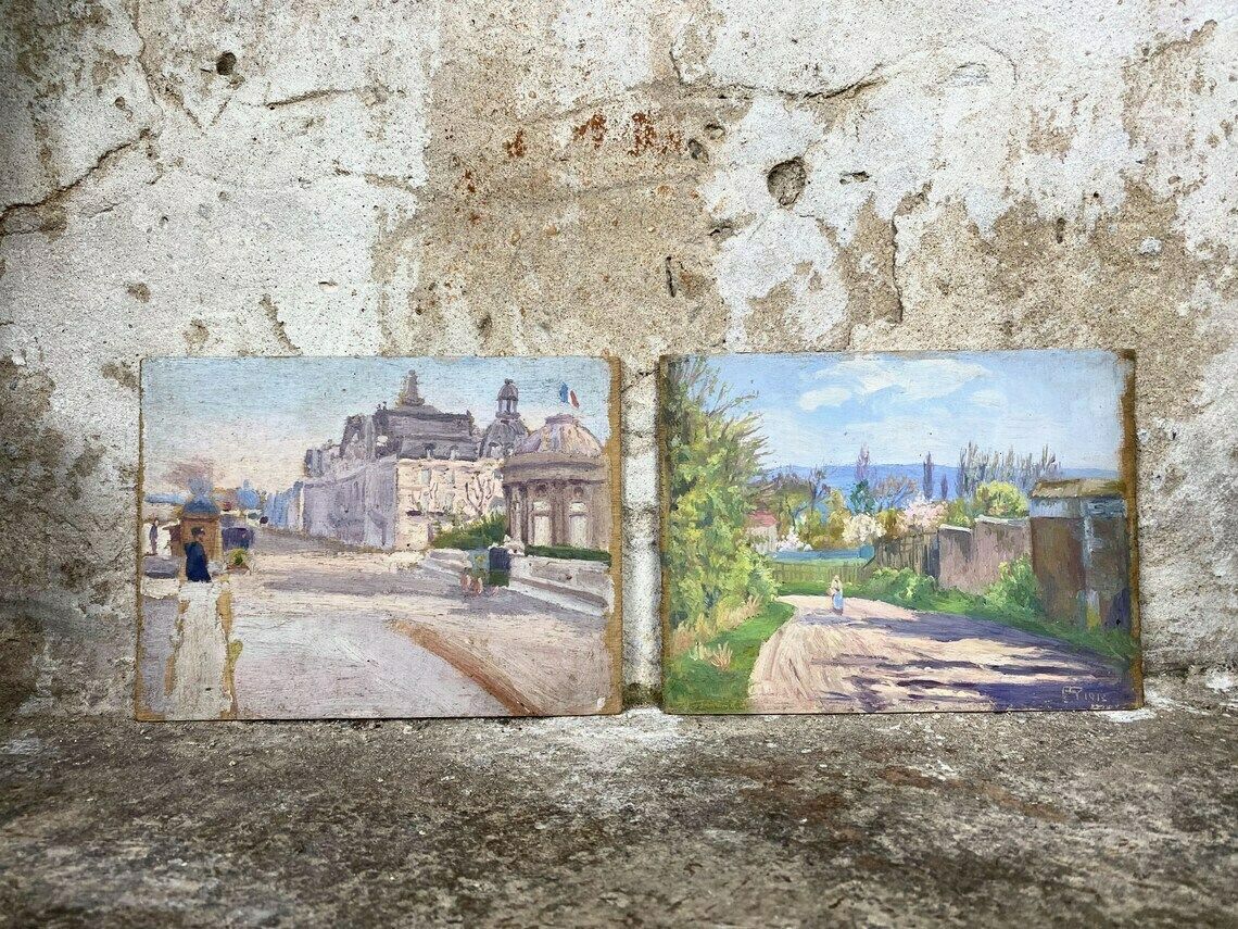 Pair Of Antique French Town & Countryside Oil Paintings On Board Signed 1913