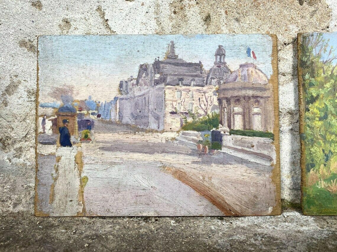 Pair Of Antique French Town & Countryside Oil Paintings On Board Signed 1913 photo for sale