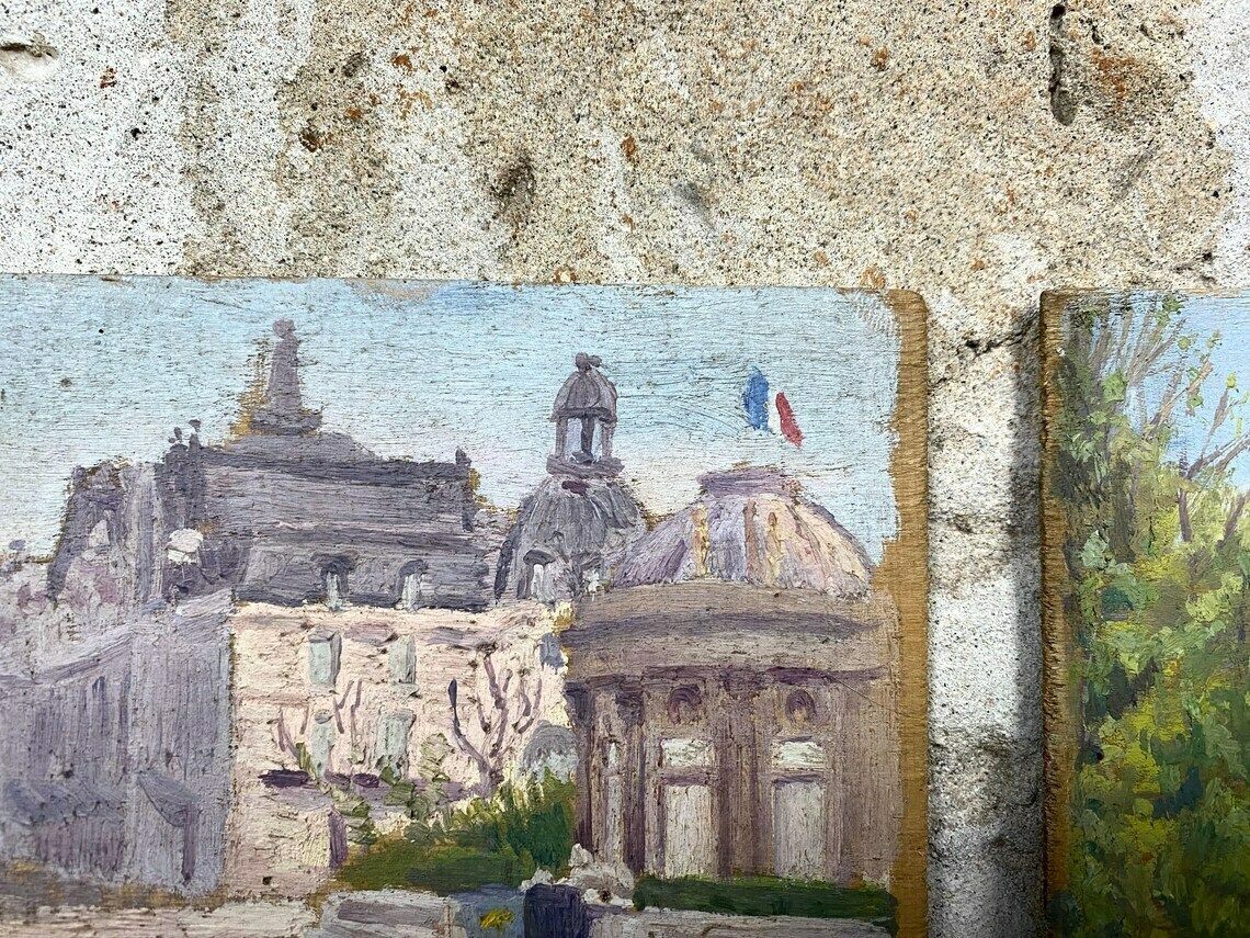 Pair Of Antique French Town & Countryside Oil Paintings On Board Signed 1913 photo vinterior