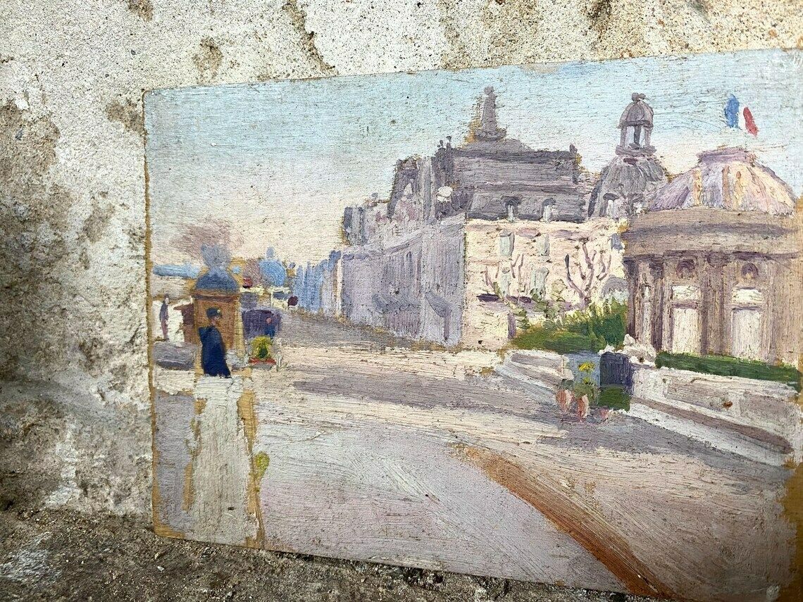 Pair Of Antique French Town & Countryside Oil Paintings On Board Signed 1913 photo buy