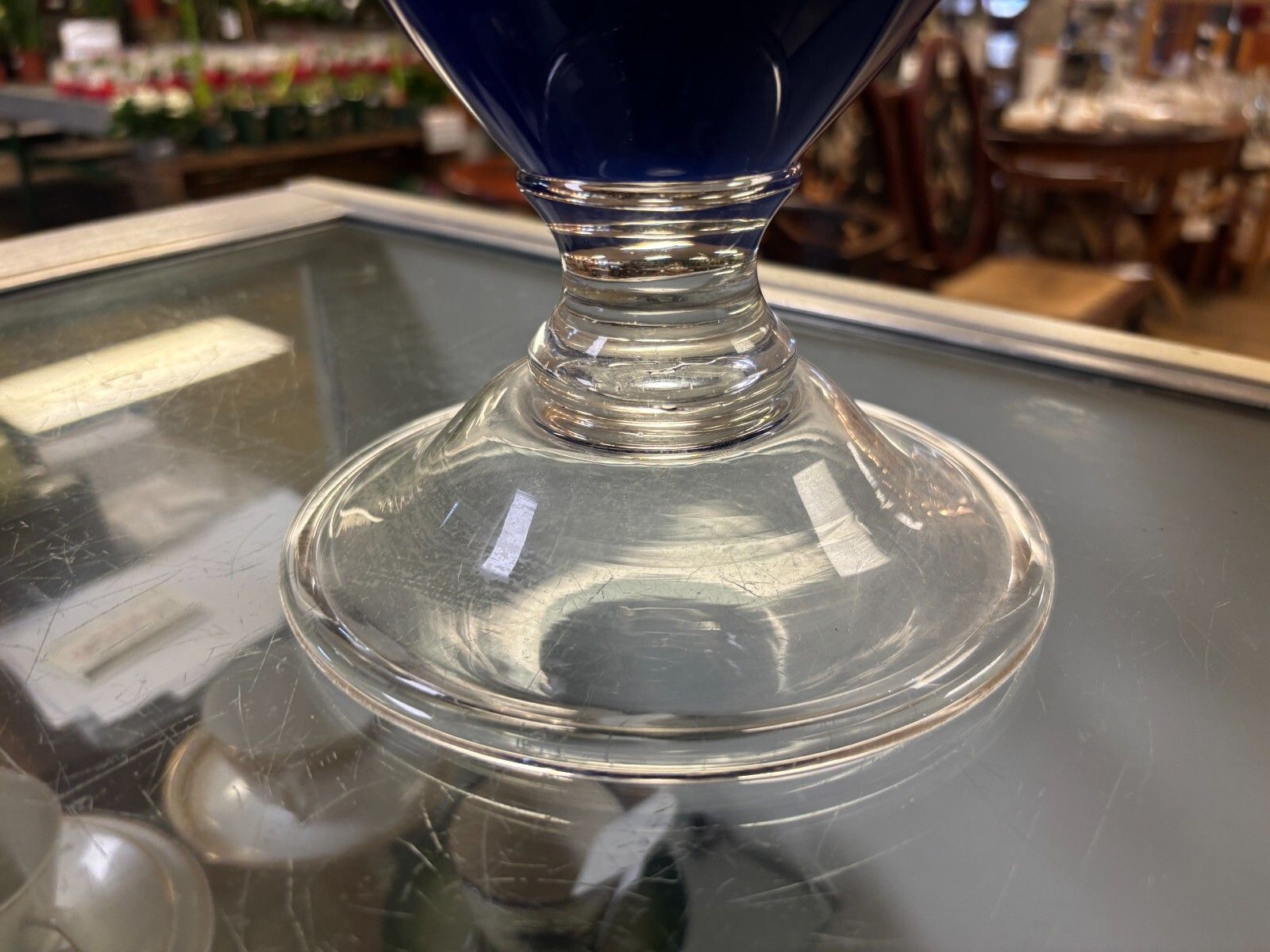 Unusual Large Hand Blown Blue & Green Glass Vase With Clear Base photo furniture