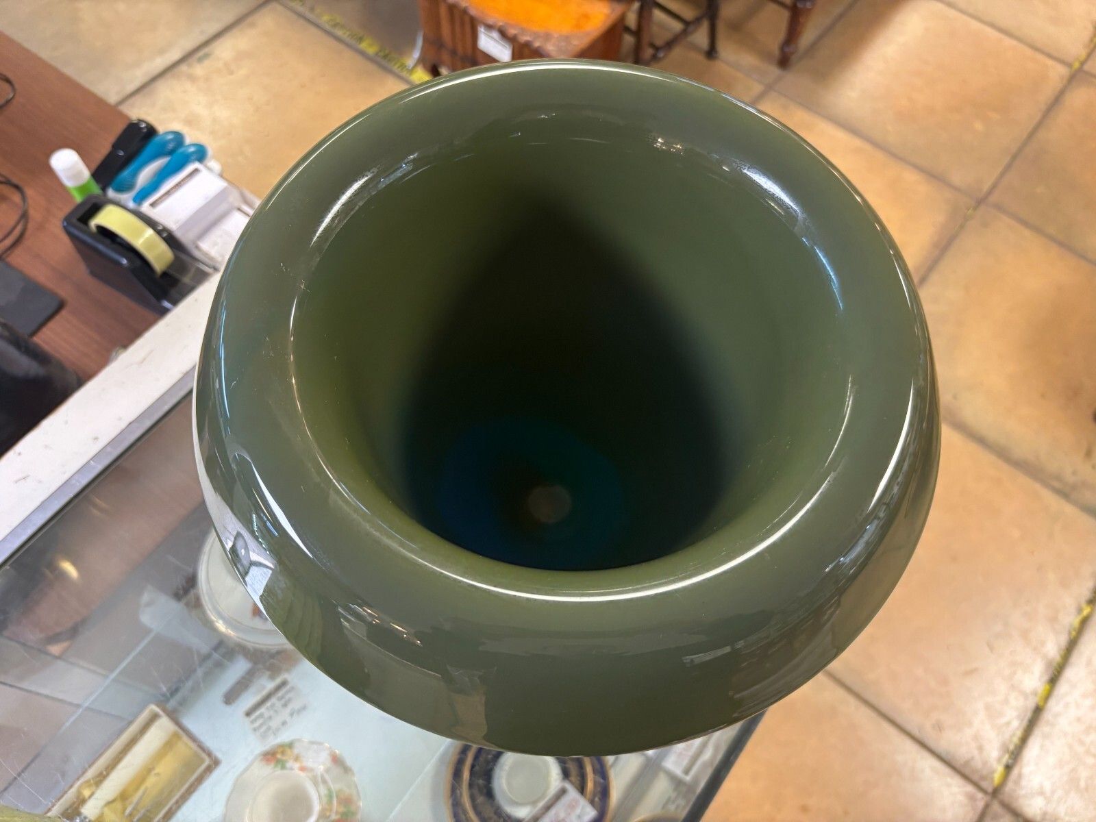 Unusual Large Hand Blown Blue & Green Glass Vase With Clear Base photo 75.0