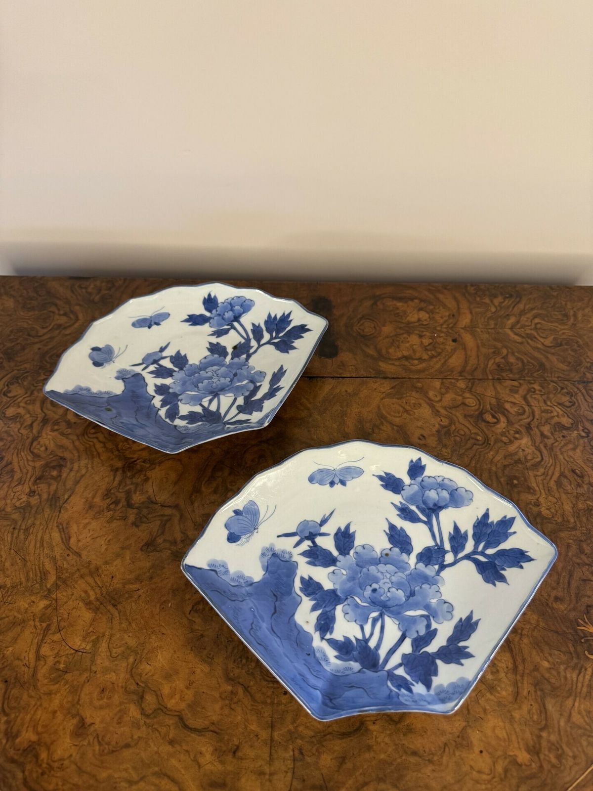 Unusual Pair Of Antique Blue And White Fan Shaped Japanese Imari Dishes photo furniture