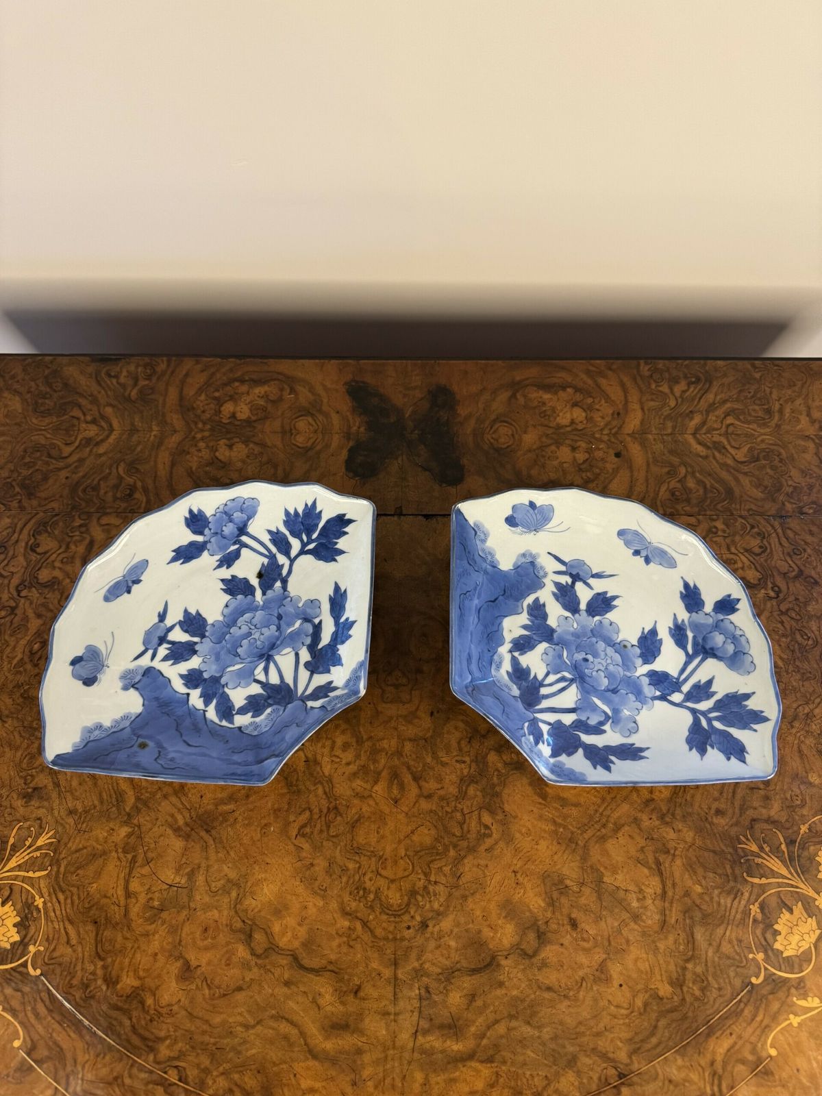 Unusual Pair Of Antique Blue And White Fan Shaped Japanese Imari Dishes photo 475.0