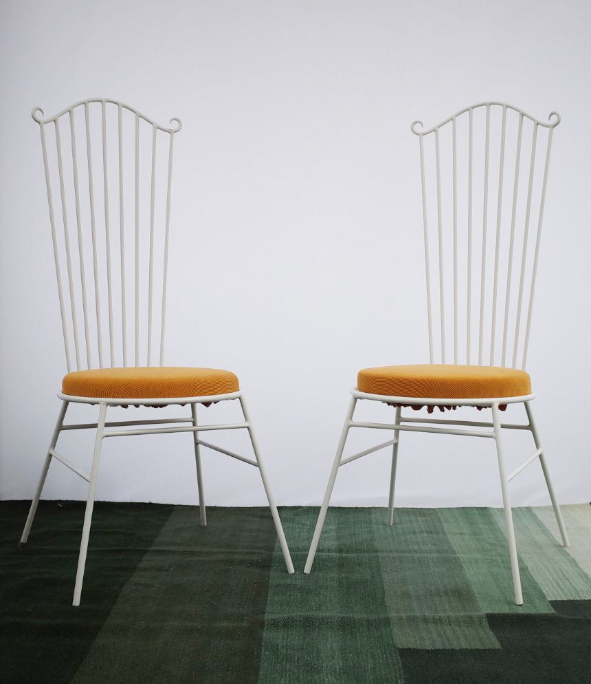 photo vinterior 2 X Vintage Metal Garden Chair With Yellow Cushion 1950s