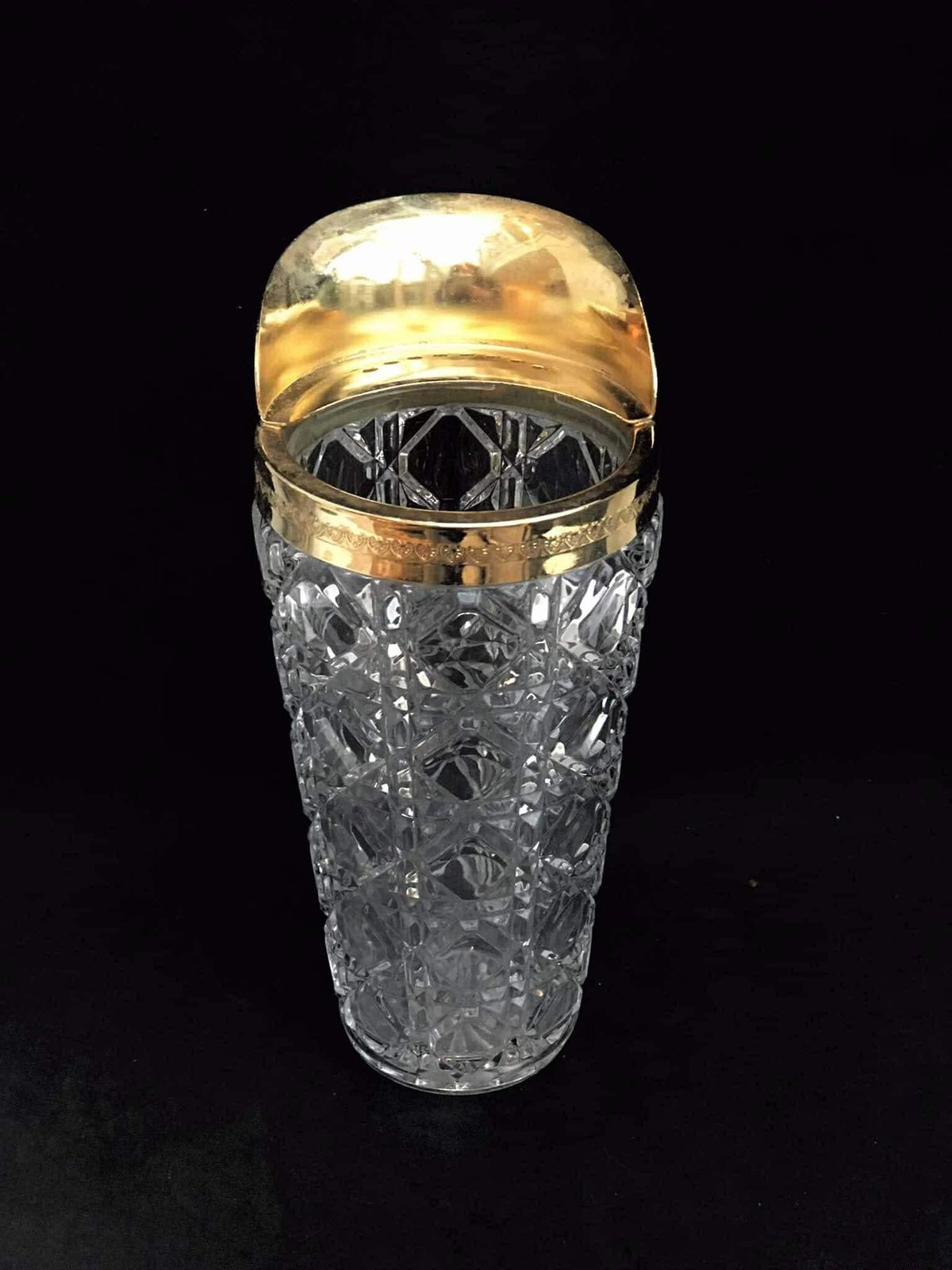 Crystal Pitcher Cocktail Heavy Crystal Golden Rim Mid Century Barware Mixology Tools Bar Cart Hollywood Regency Golden Bar Gift For Him photo for sale