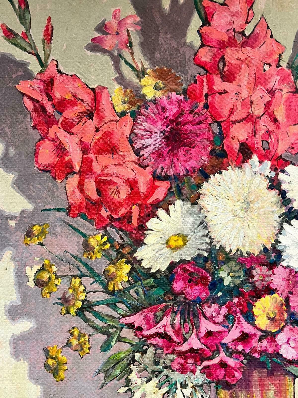 1960's Europen Oilhuge 1960's European Still Life Burst Of Color Flowers In Vase photo for sale