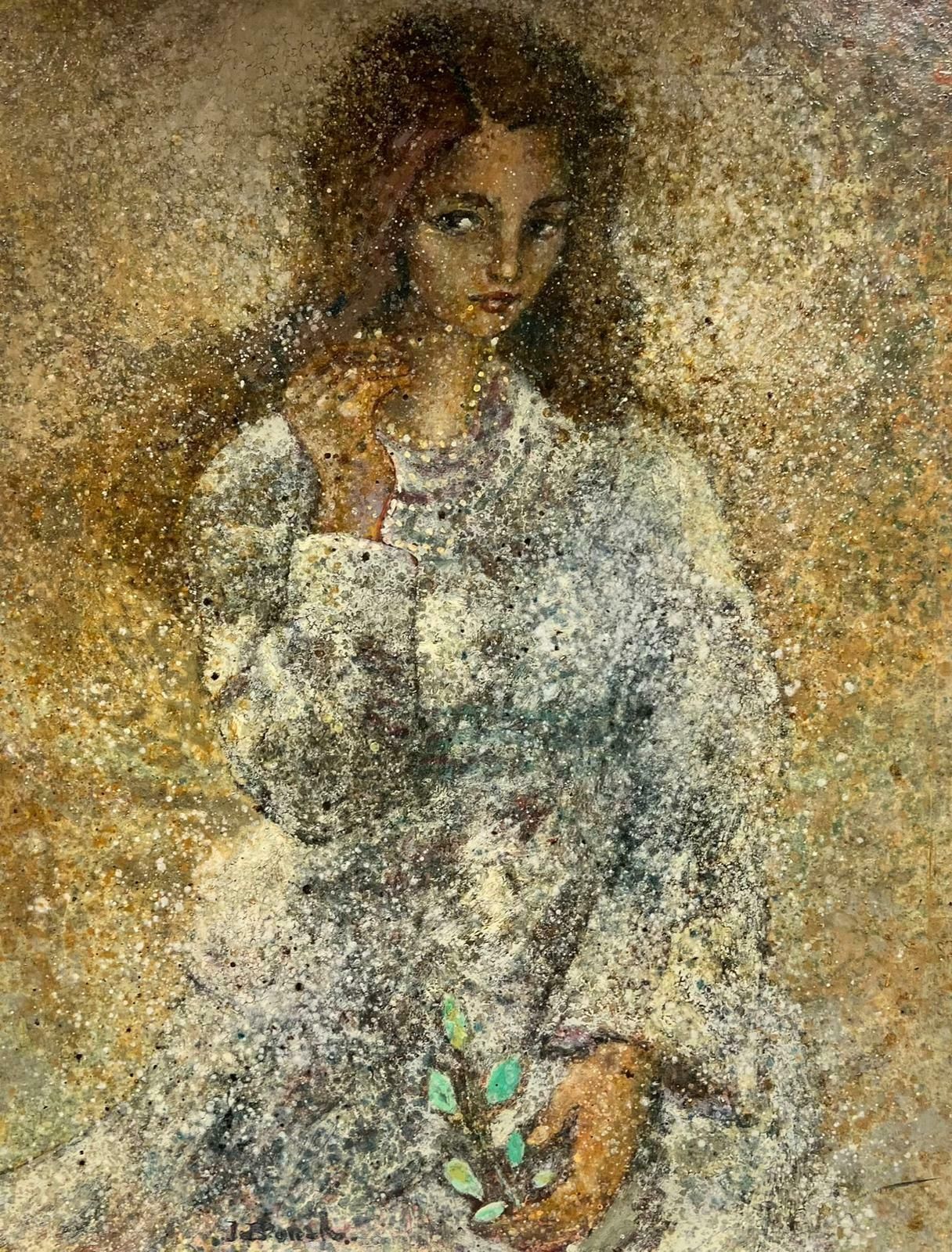 20th Century French Schoolhuge French Modernist Pointillist Signed Painting Girl With Necklace White Dress