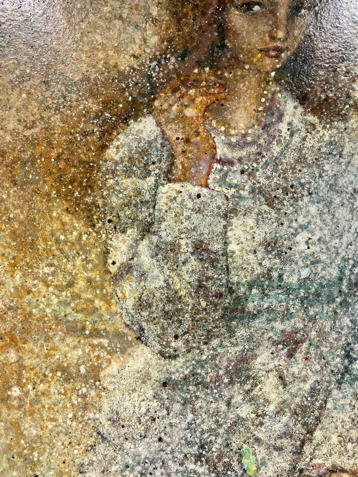 20th Century French Schoolhuge French Modernist Pointillist Signed Painting Girl With Necklace White Dress photo Art
