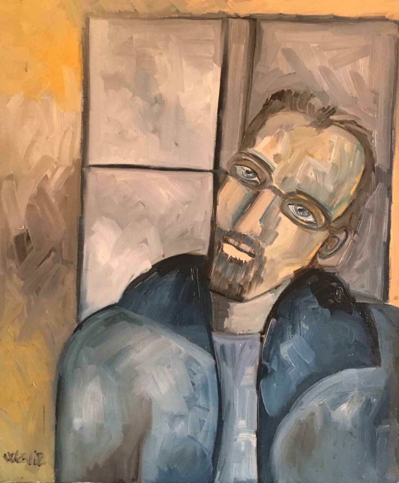 Beatrice Werliestylish Man In Glasses, Portrait, Blue Colour , Original Oil Painting C.2000