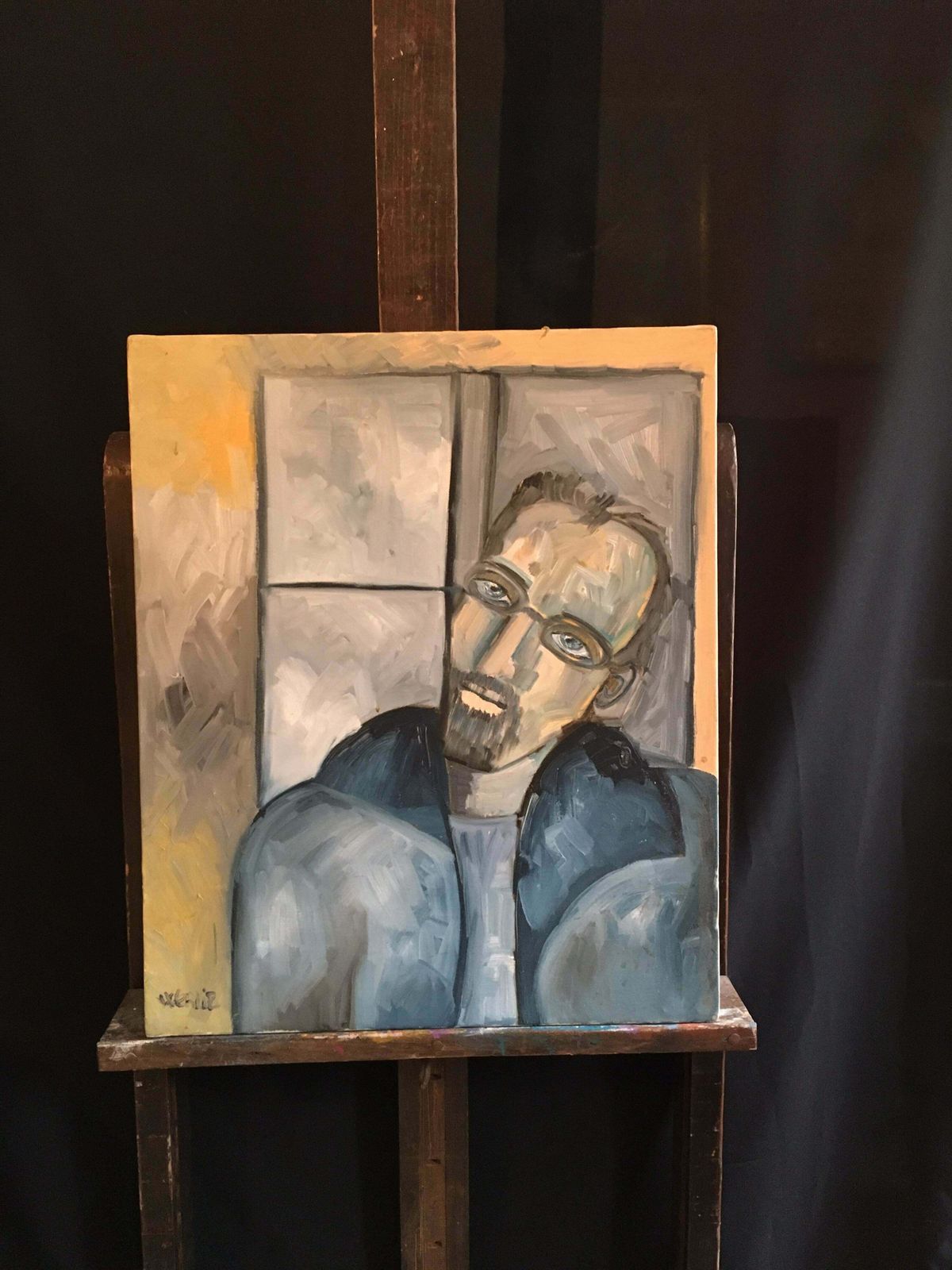 Beatrice Werliestylish Man In Glasses, Portrait, Blue Colour , Original Oil Painting C.2000 photo for sale