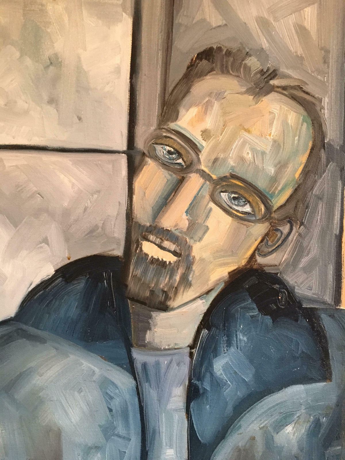 Beatrice Werliestylish Man In Glasses, Portrait, Blue Colour , Original Oil Painting C.2000 photo vinterior