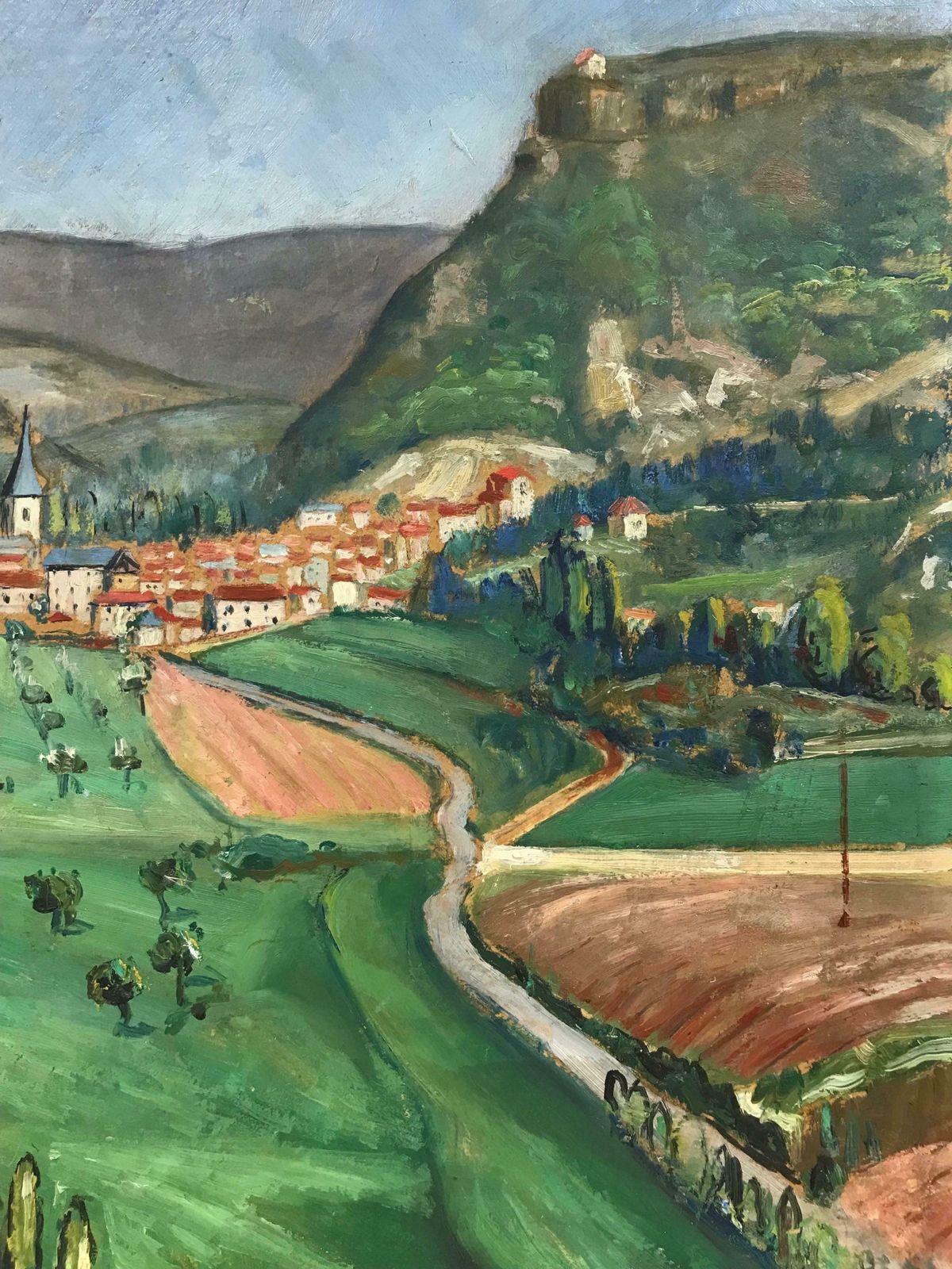 French Mid 20th1950's French Village Houses In Lush Green Valley Landscape, Signed Oil Paintingc. 1950's photo for sale
