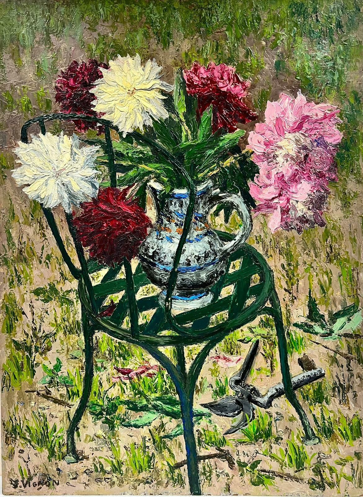 Josine Vignoncolor Bursting Flowers In A Vase Resting On A Green Garden Chair Thick Oil 1960's