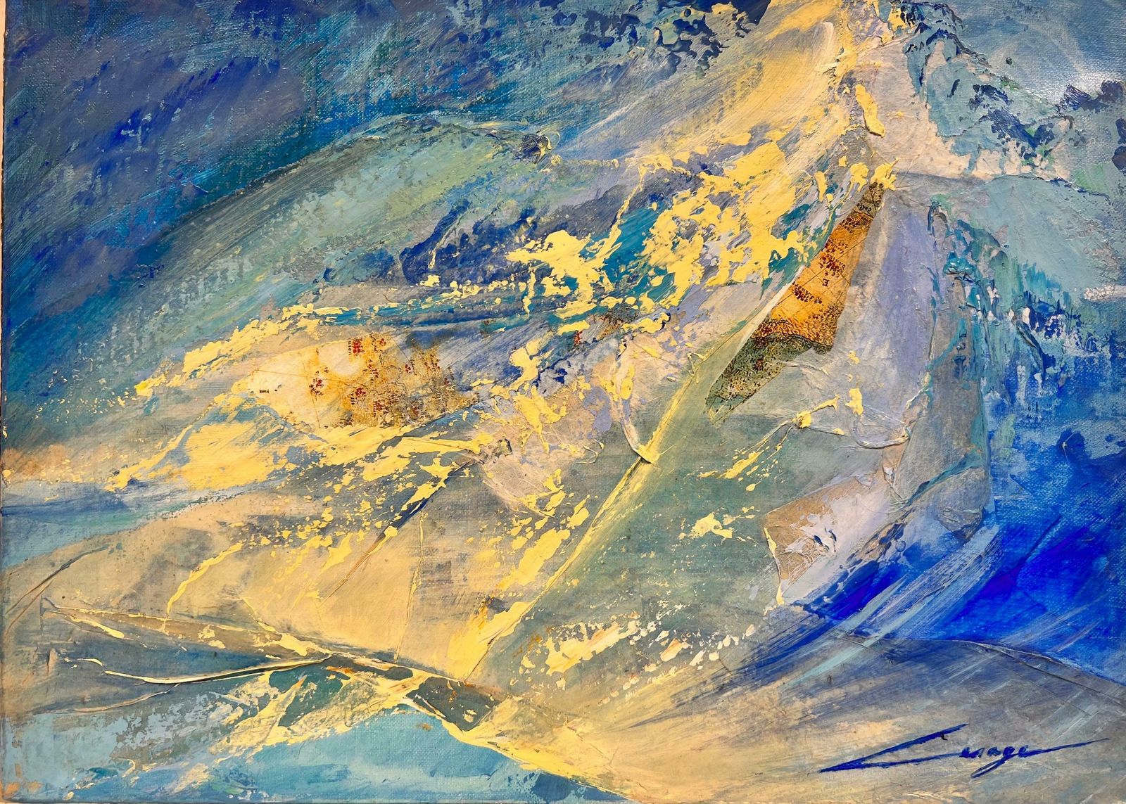 French Schoolfrench Modernist Signed Oil Blue Yellow Abstract Expressionist Painting Canvas1999