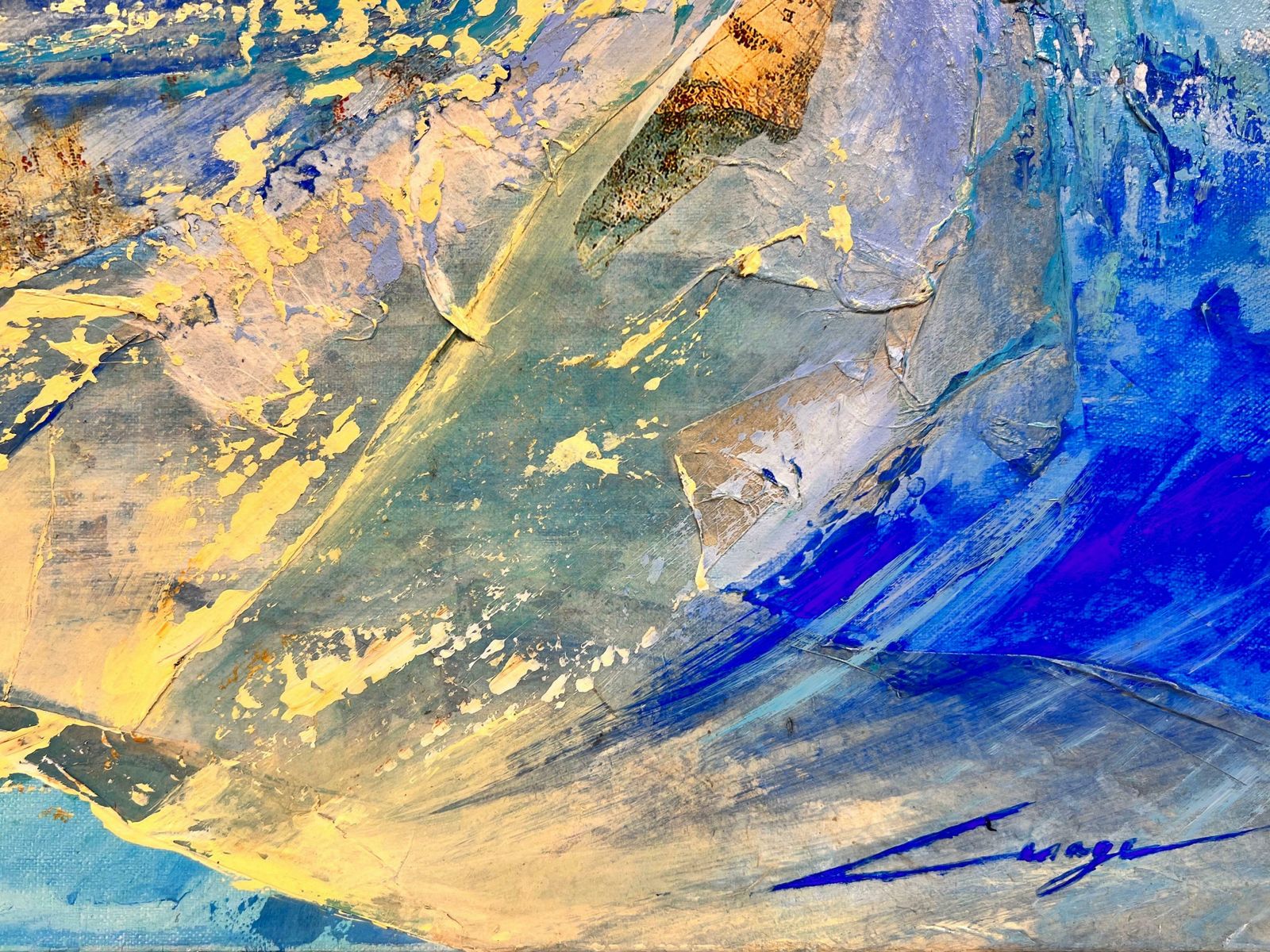 French Schoolfrench Modernist Signed Oil Blue Yellow Abstract Expressionist Painting Canvas1999 photo for sale