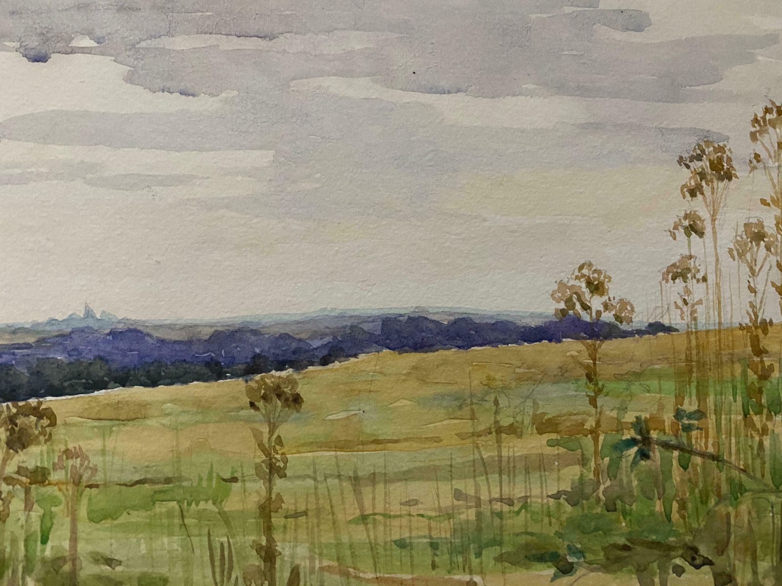 Unknown1900's English Impressionist Watercolor Painting Quiet Open Crop Fieldsc. 1900's photo for sale
