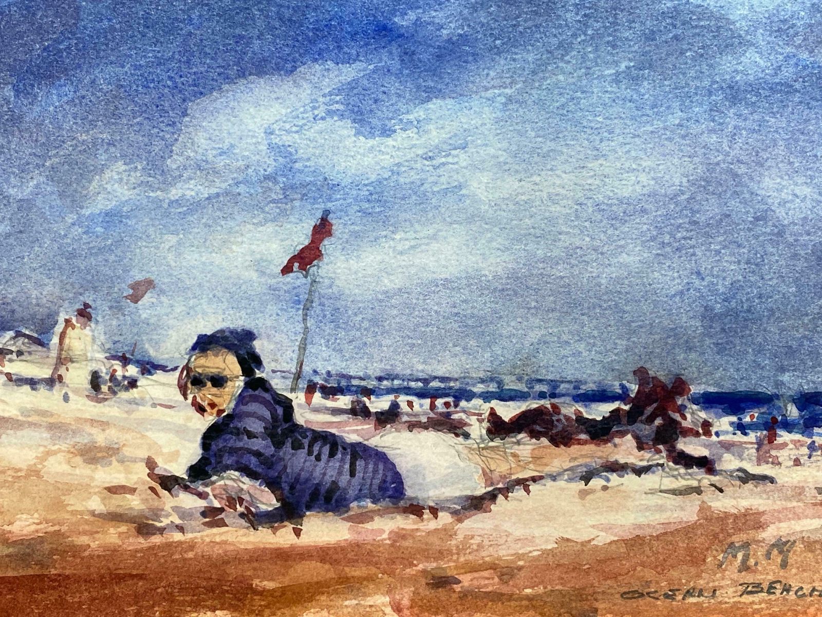Maurice Mazeiliefrench Impressionist Signed Watercolour   Sun Bathers Landscape