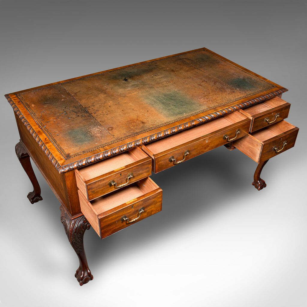 Antique Clerk's Desk, English, Leather, Partner, Home Office, Edwardian, C.1910 photo vintage
