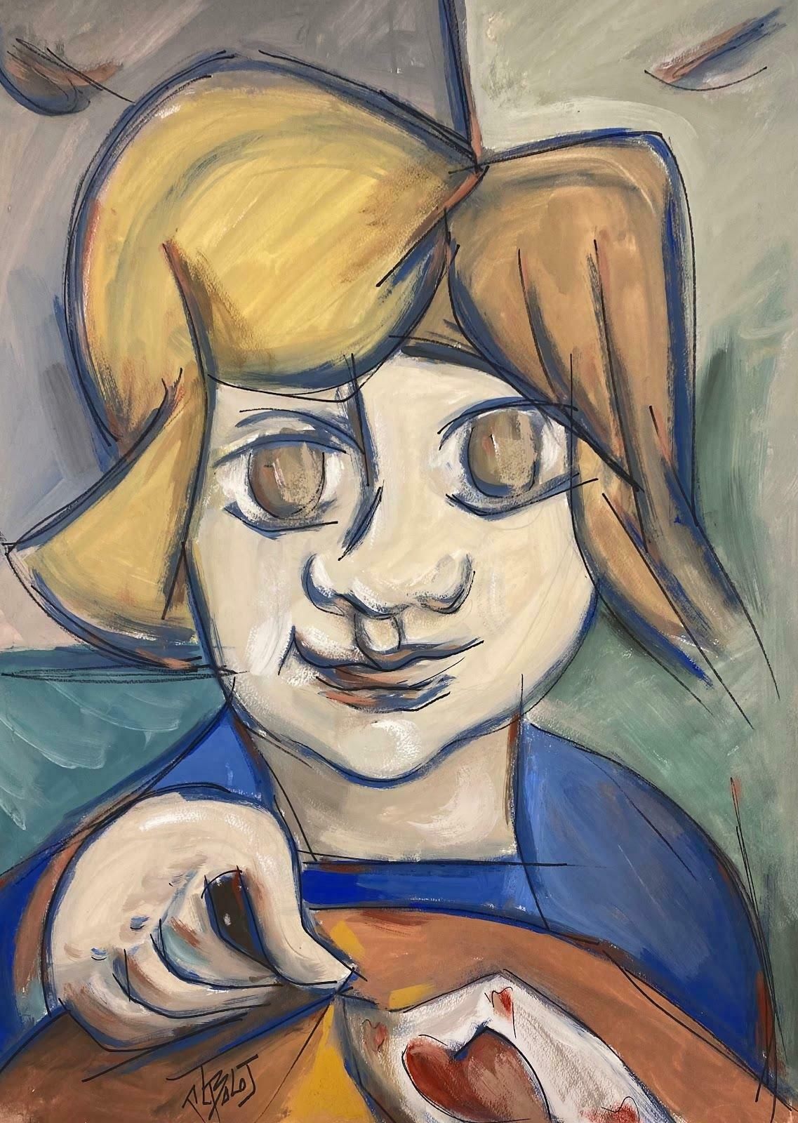 Paul Louis Bolot (French 1918 2003)french Modernist Portrait Painting Of A Young Girl Playing Cards20th Century (1971)