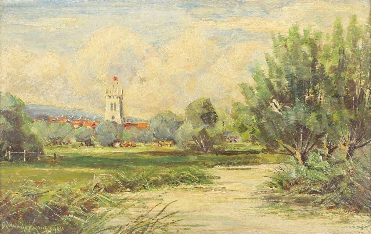Farnham Church From The Meadows Antique English Signed Oil Painting