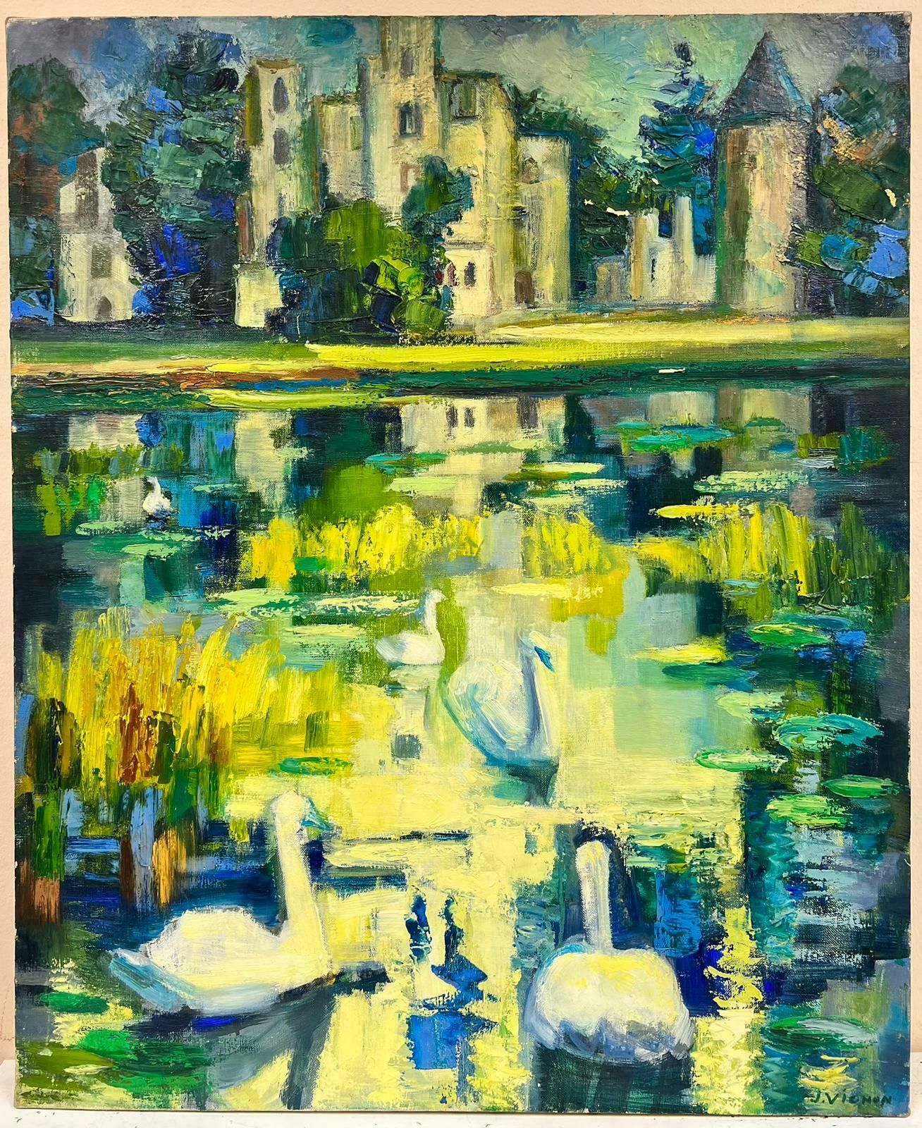 Josine Vignon20th Century French Post Impressionist Oil Swans On Lily Pond Chateau Lake1960's photo furniture