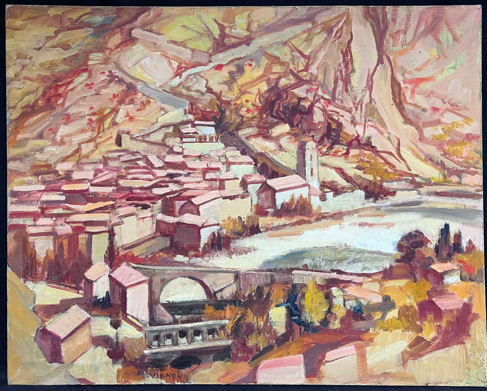 Josine Vignonlarge Mid 20th Century Post Impressionist Oil Mediterranean Hillside Village1960's photo furniture