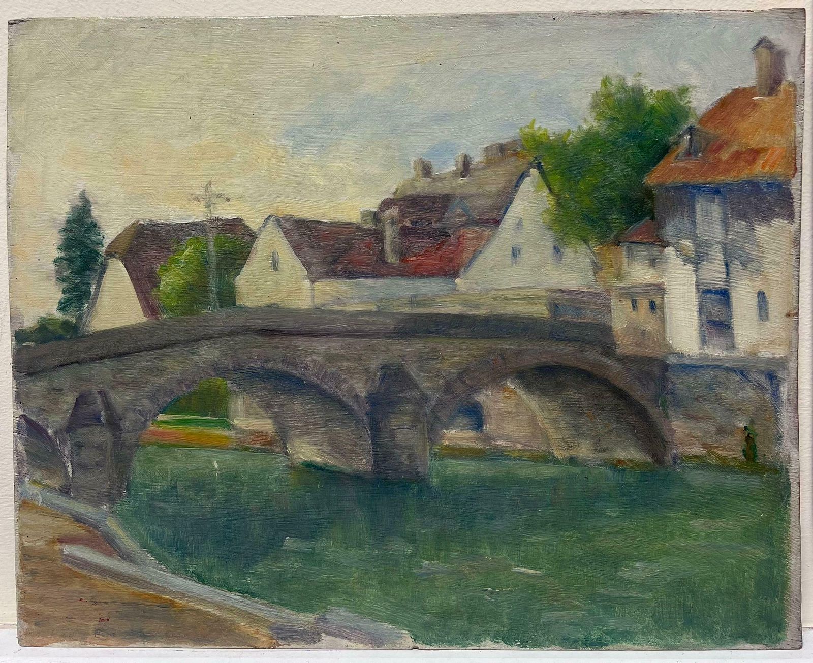 Regine Davidmid 20th Century 1950's French Oil Old French Town With Arched Stone Bridge1950's photo furniture