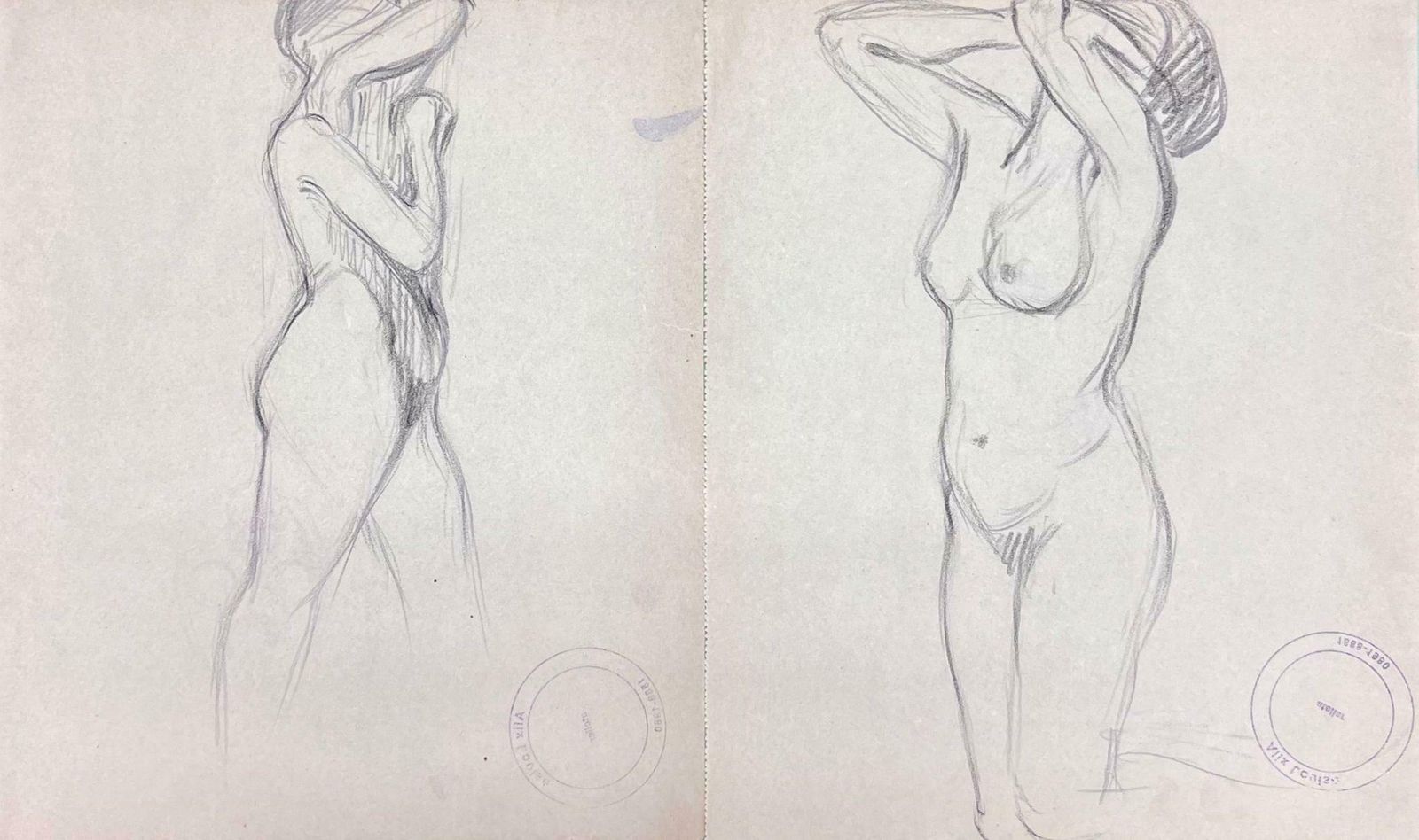 Louise Alixfrench Impressionist Set Of Two Nude Female Figures Pencil Sketch1930's
