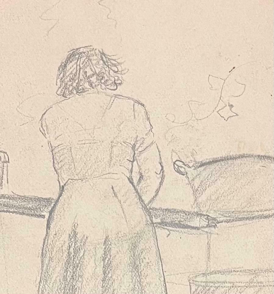 Josine Vignonmid Century French Pencil Drawings Of A Woman Cooking In A Kitchen1950's photo for sale