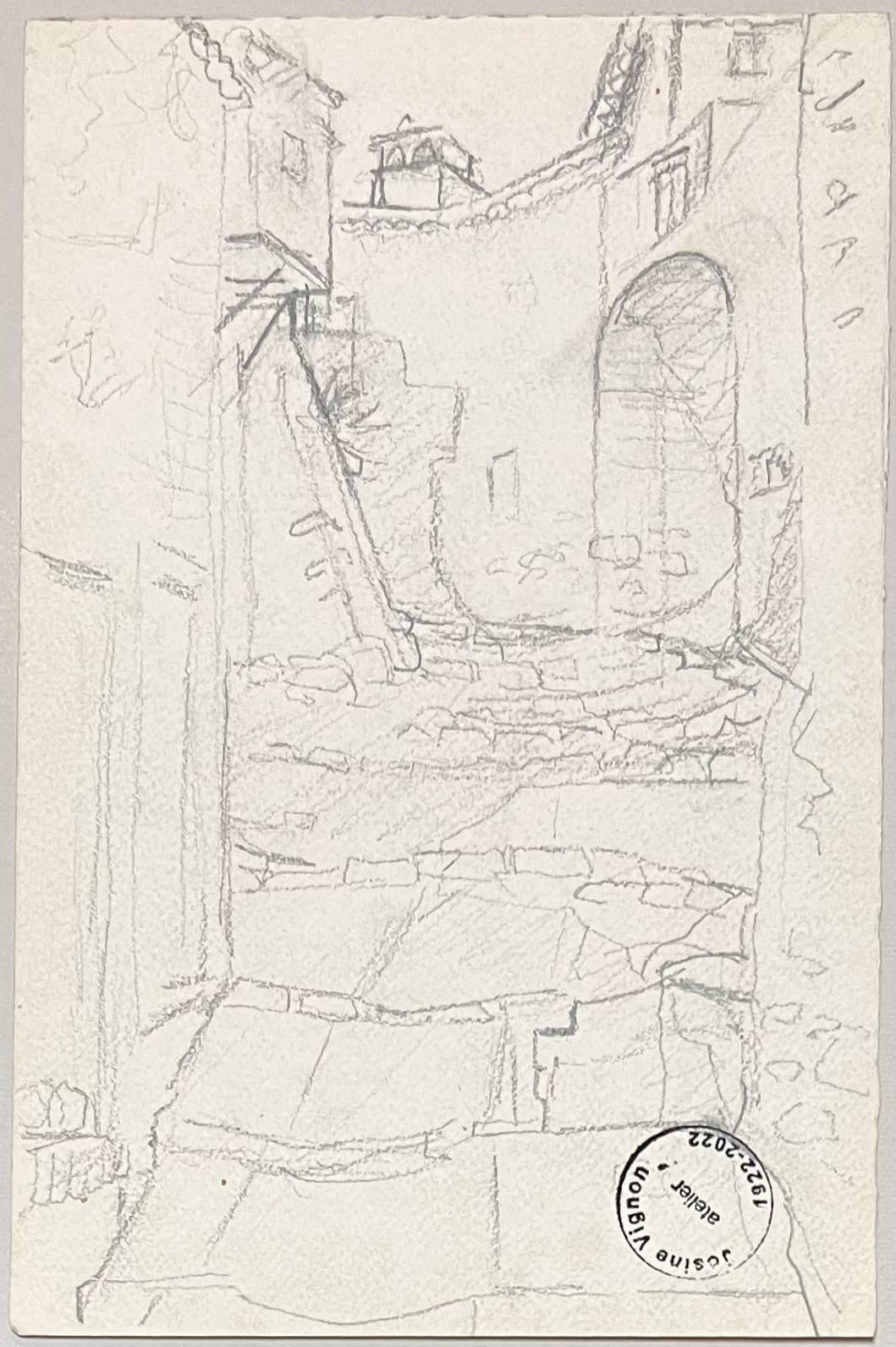 Josine Vignonmid Century French Pencil Drawings Of A Narrow Street In Cagnes Sur Mer1950's photo 357.0