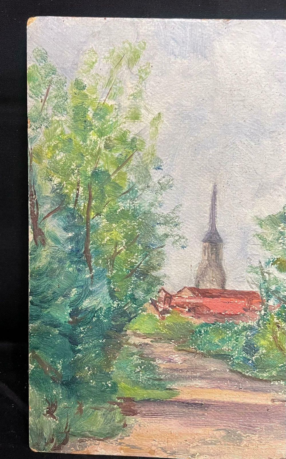 Regine Davidmid 20th Century French Oil A Village Steeple Framed By Verdant Trees1950's photo furniture