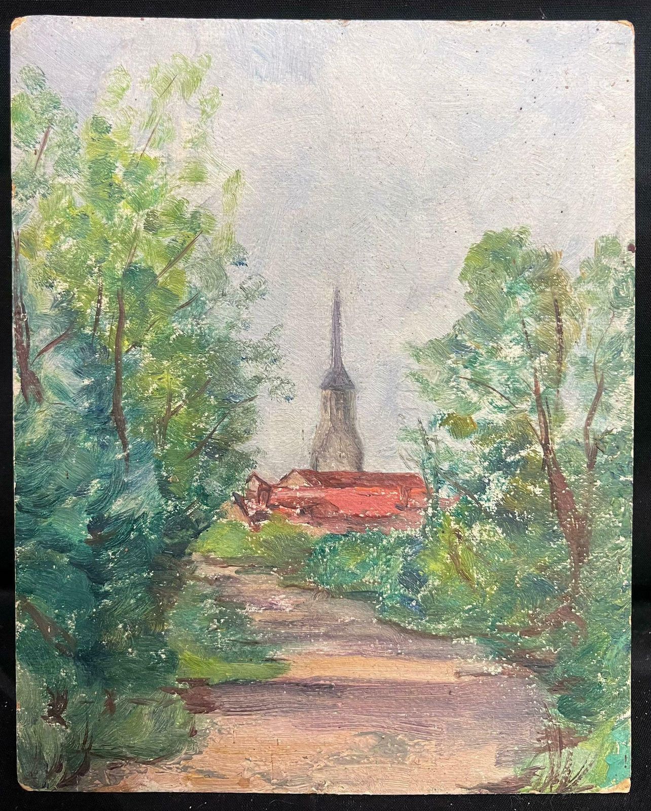 Regine Davidmid 20th Century French Oil A Village Steeple Framed By Verdant Trees1950's photo Art
