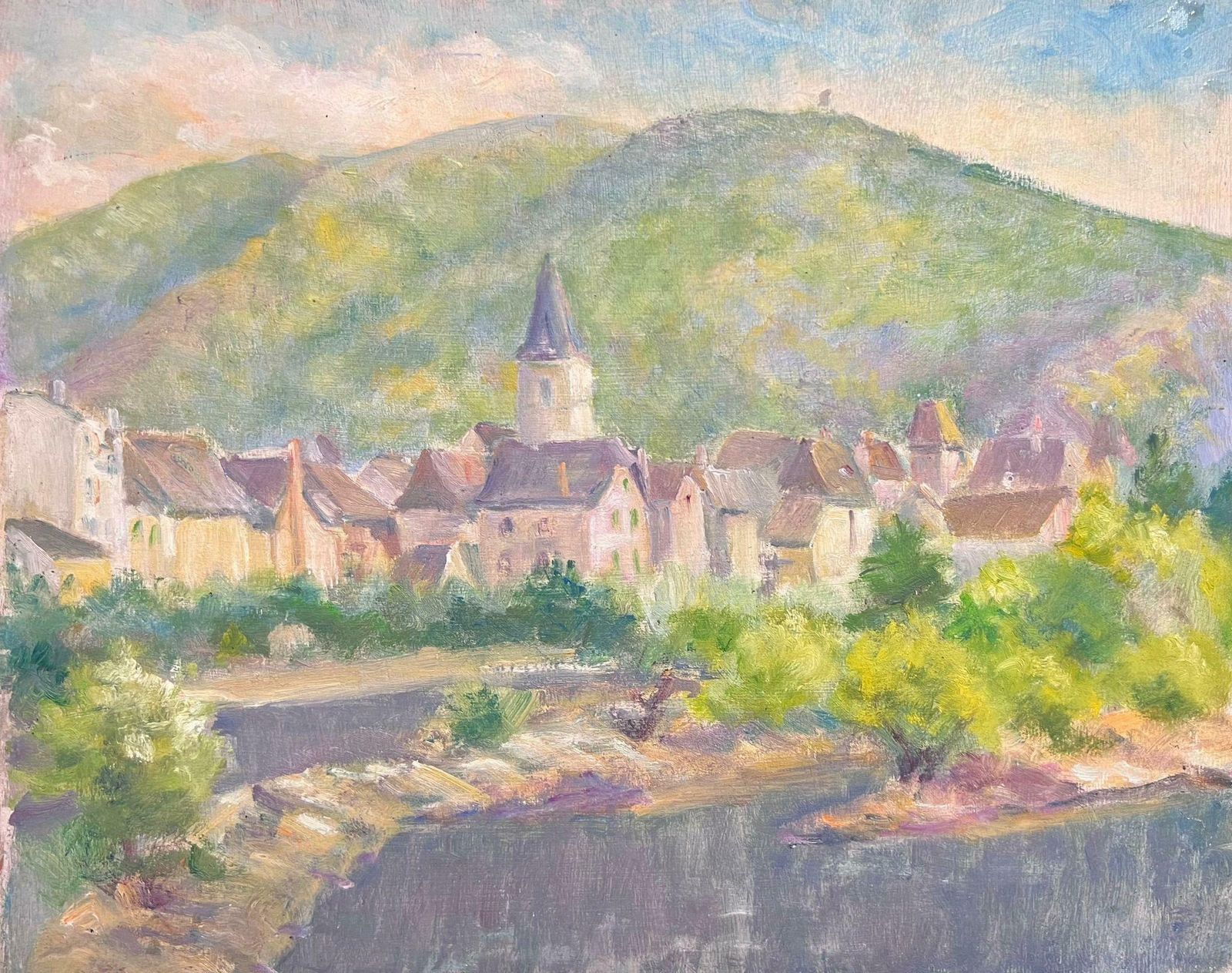 Regine Davidmid 20th Century Sunlit Village In  The Mountains French Post Impressionist Oil 1950's
