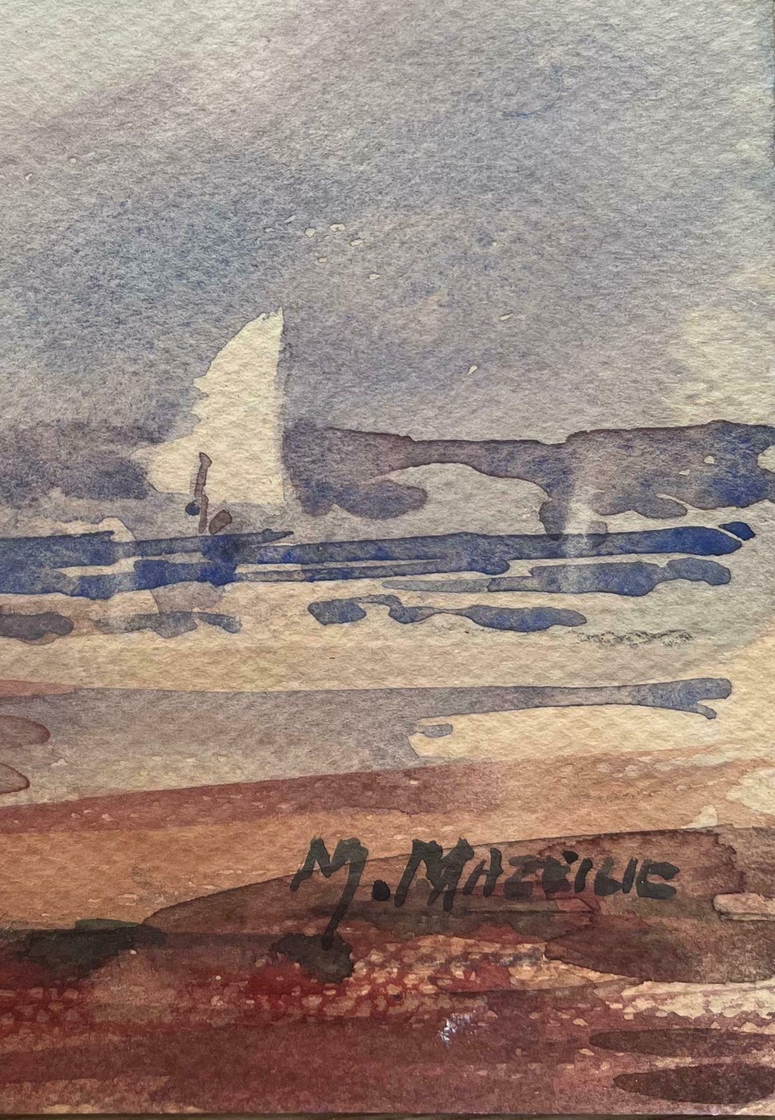 Maurice Mazeiliefrench Impressionist Watercolor Of Coastal Harbour Scene With Sailboat20th Century photo Art