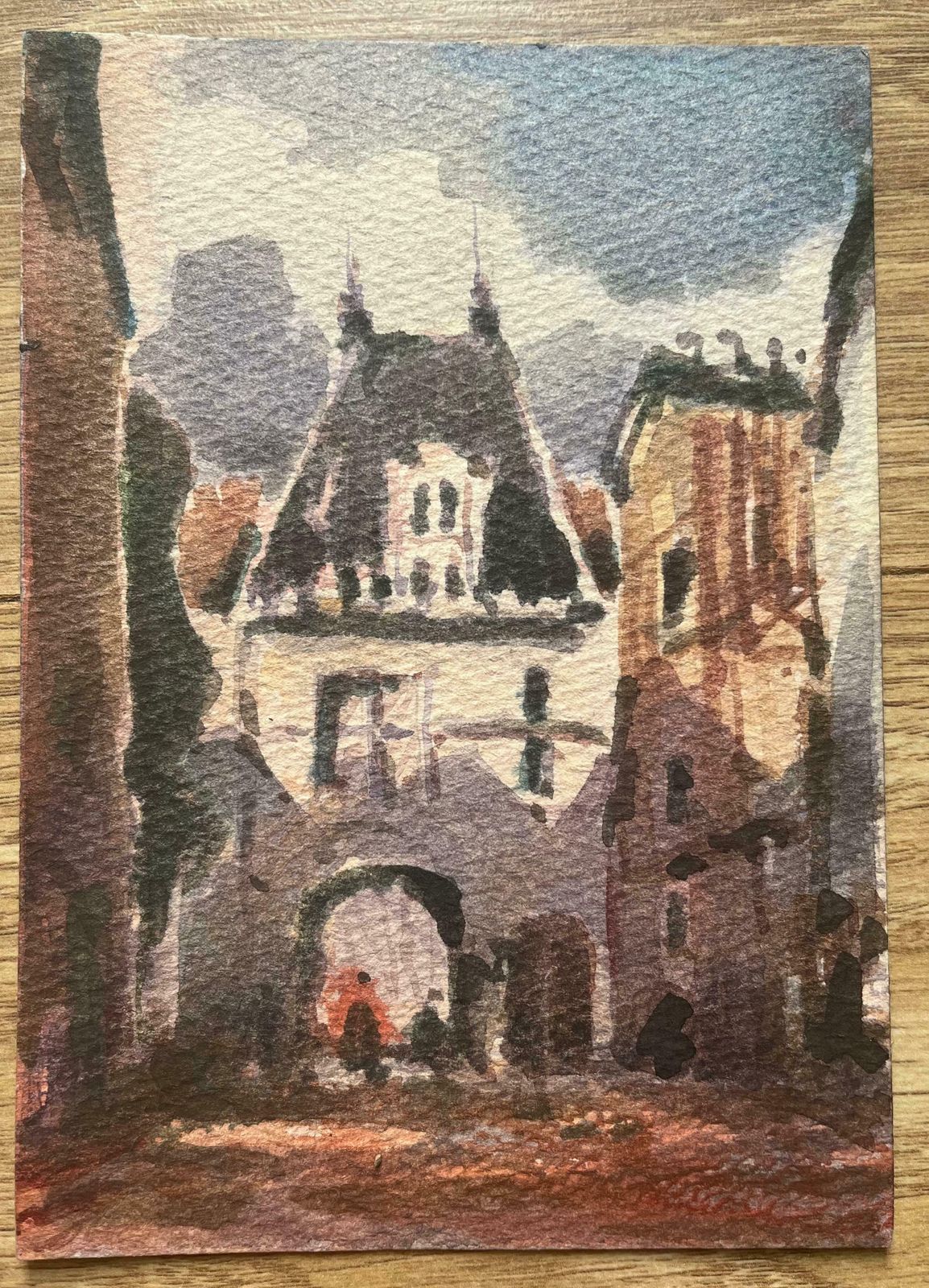 Maurice Mazeiliefrench Impressionist Watercolor Of French Village Square With Archway20th Century photo furniture