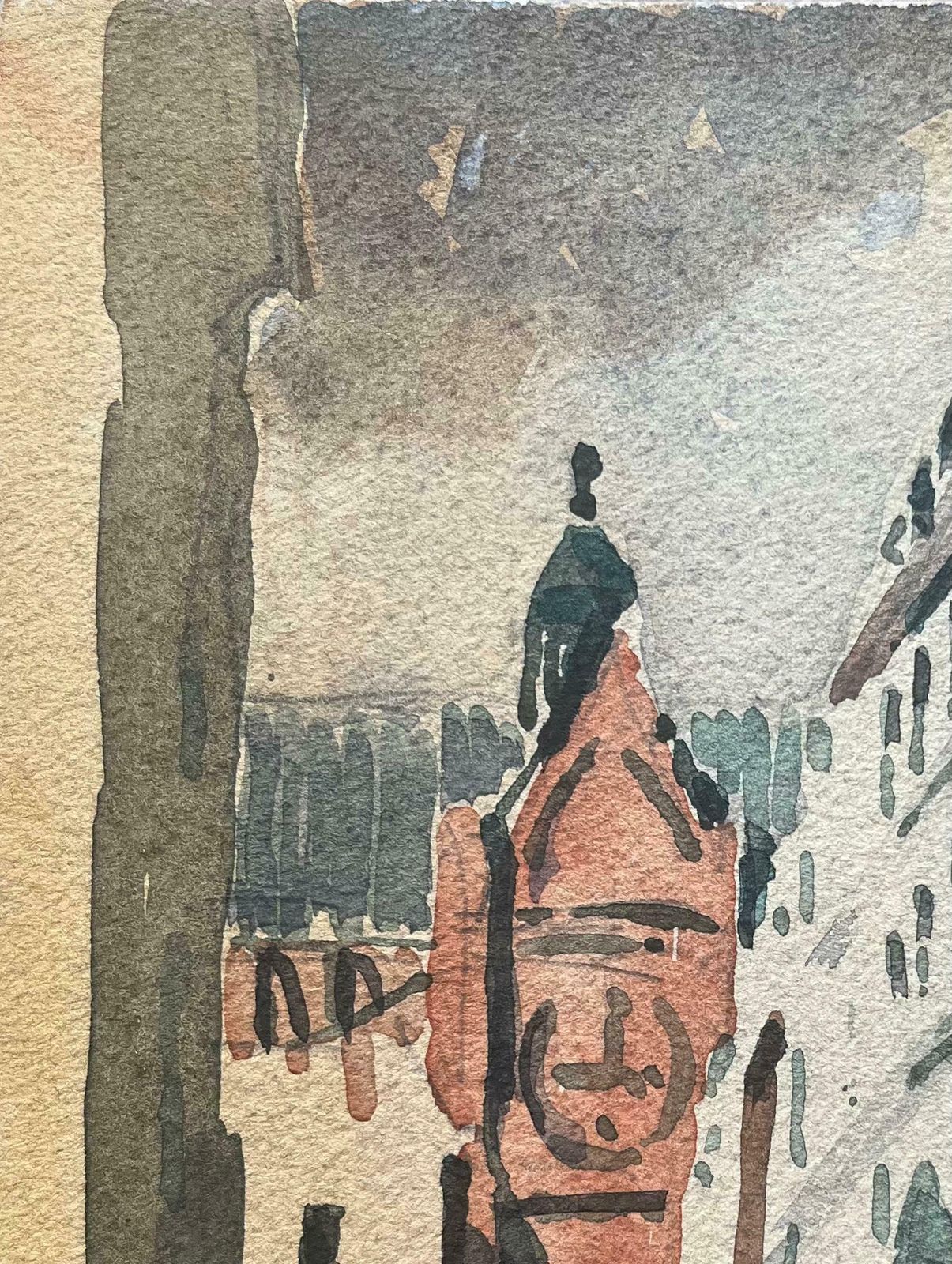 Maurice Mazeiliefrench Impressionist Watercolor Of Street Scene With Prominent Red Brick Church 20th Century photo for sale