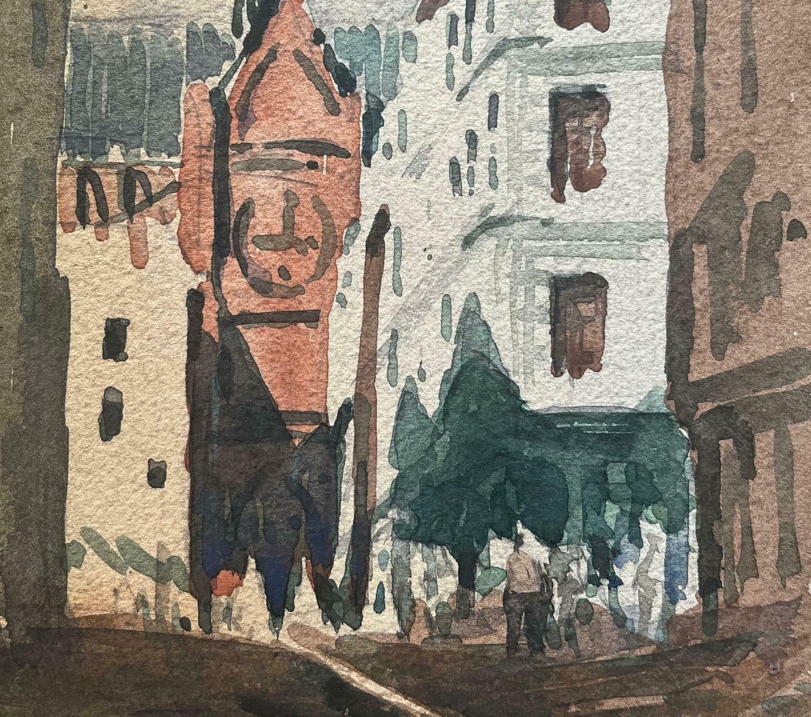 Maurice Mazeiliefrench Impressionist Watercolor Of Street Scene With Prominent Red Brick Church 20th Century photo 133.0