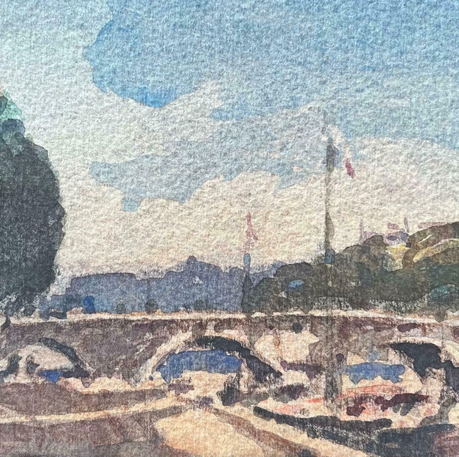 Maurice Mazeiliefrench Impressionist Watercolor Of Serene Moment Along The Seine River20th Century photo 235.0