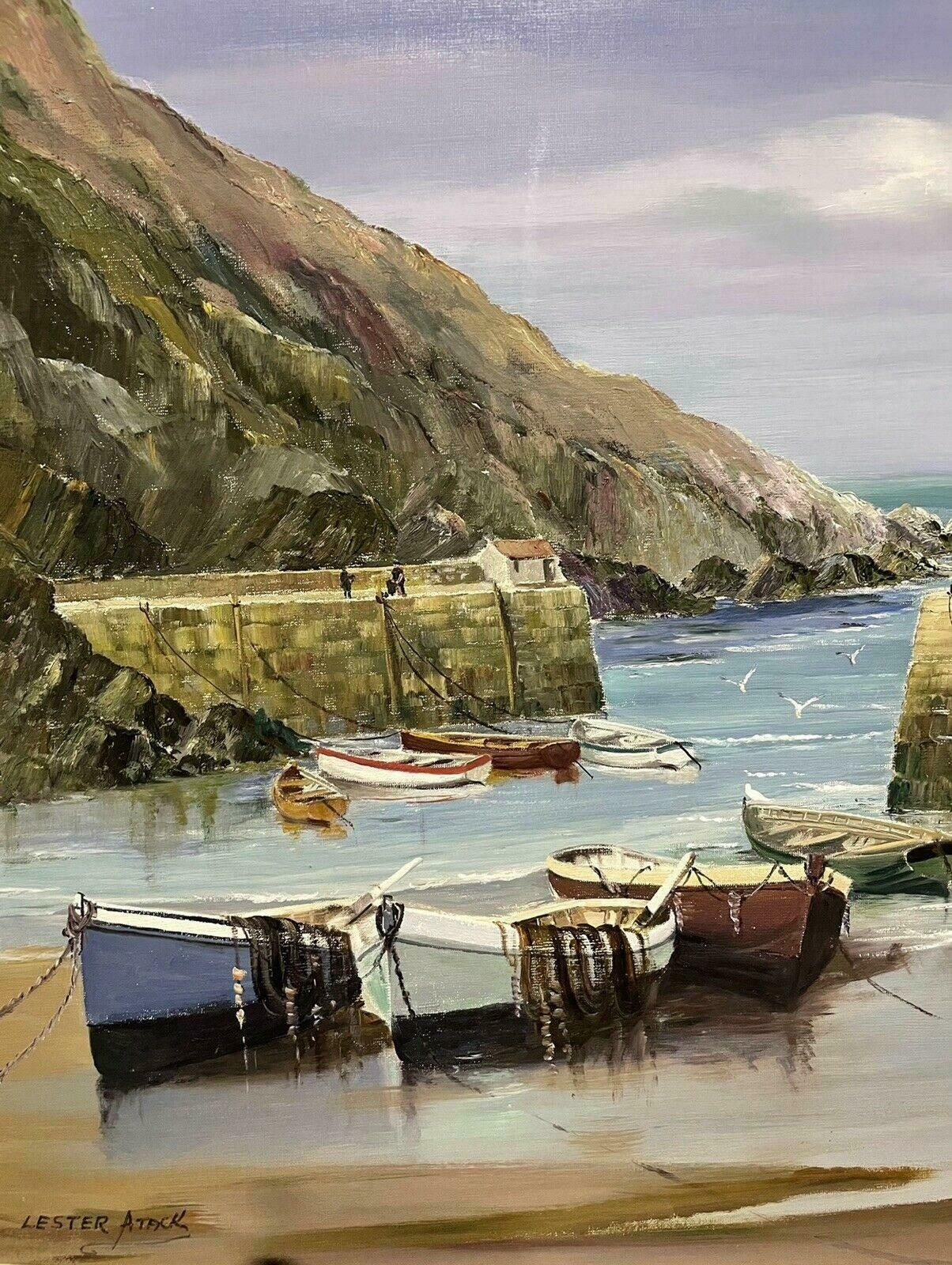 Lester Atackvintage Cornish Fishing Harbor Scene   Signed Oil Painting20th Century photo for sale