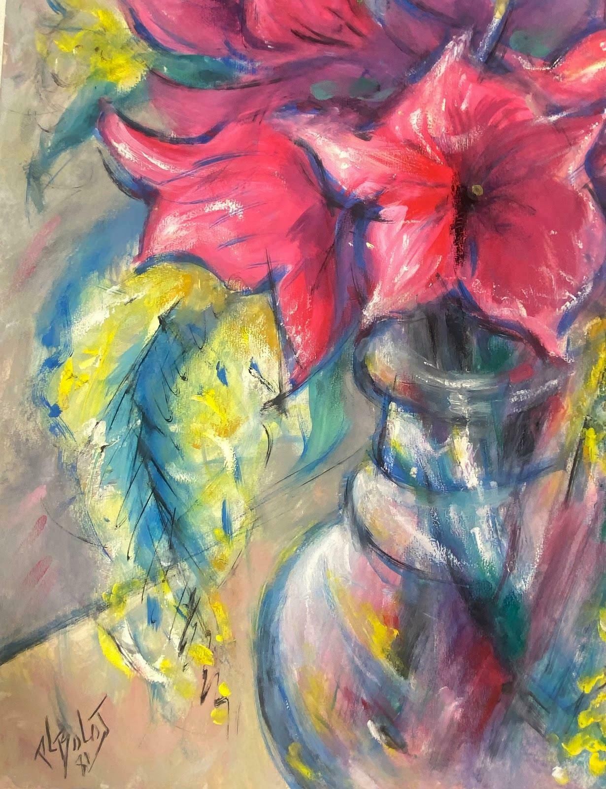 Paul Louis Bolot (French 1918 2003)French Modernist Painting Of Red Amaryllis Flowers In A Clear Vase 20th Century (1981) photo for sale
