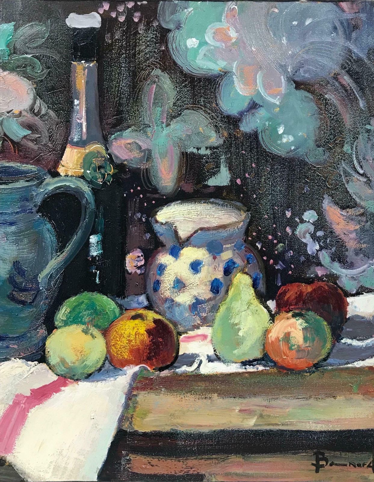 Guy Benardsuperb French Post Impressionist Signed Oil Still Life Fruit & Champagne photo for sale