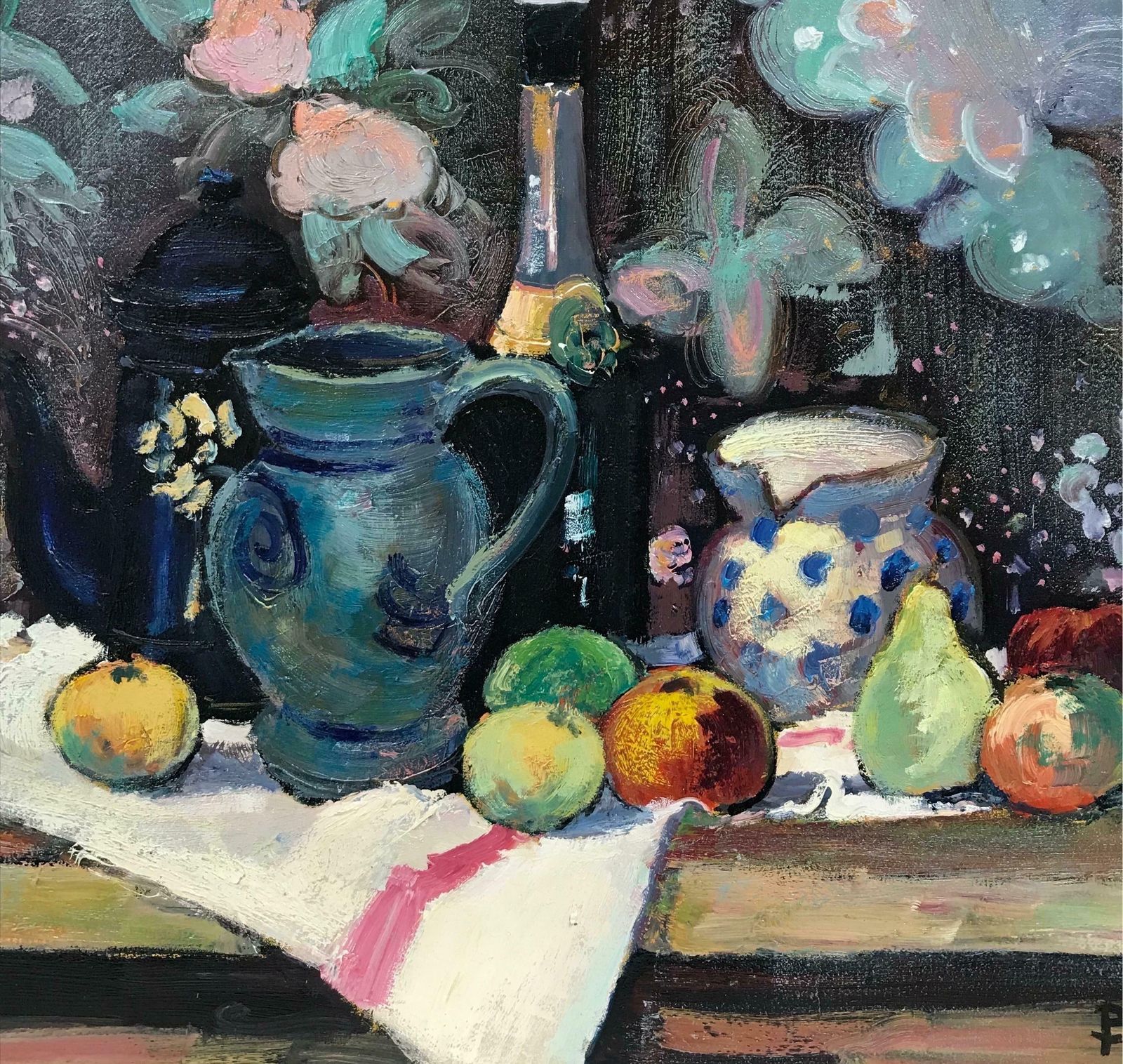 Guy Benardsuperb French Post Impressionist Signed Oil Still Life Fruit & Champagne photo Art