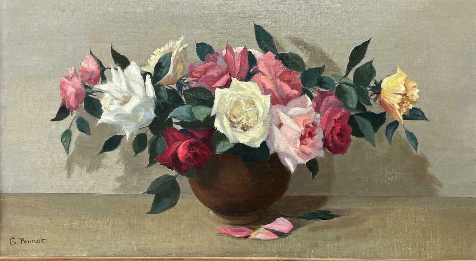 G. Pernetlarge 20th Century French Impressionist Signed Oil   Beautiful Roses In Bowlc. 1960's