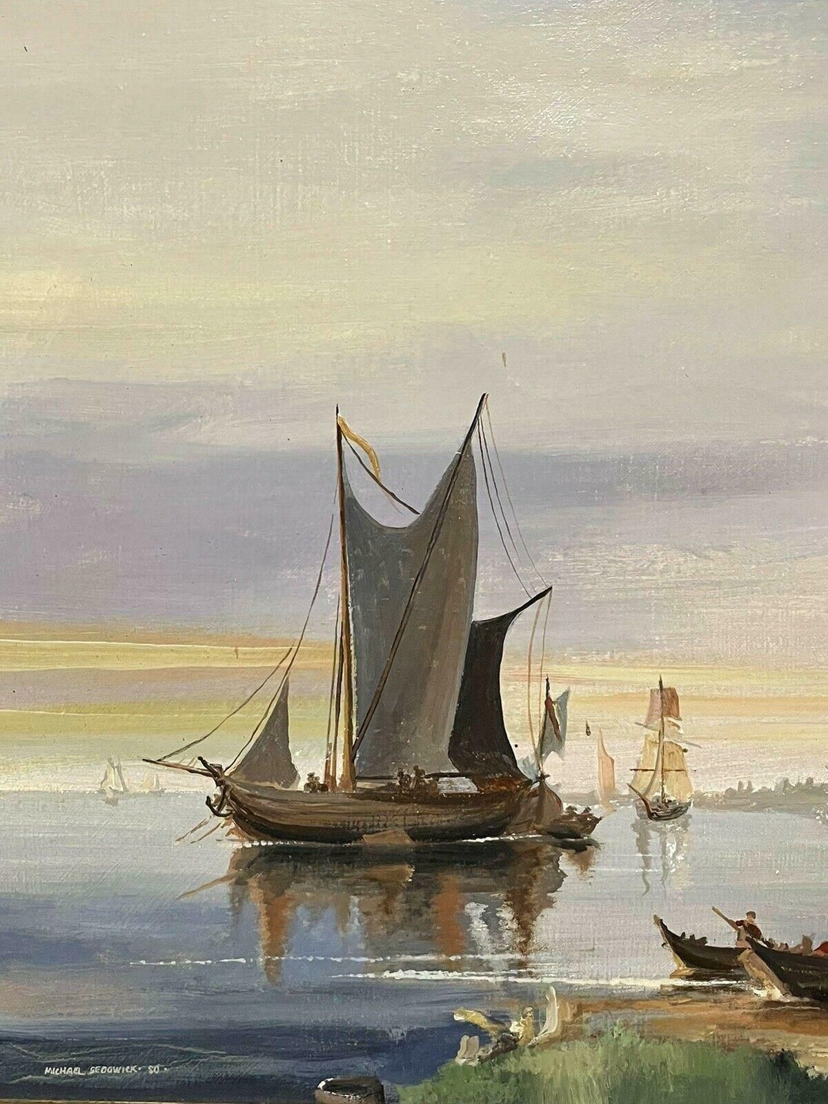 Michael Sedgwickmichael Sedgwick Signed Original Oil Painting   Shipping In Calm Coastal Waters20h Century photo Art