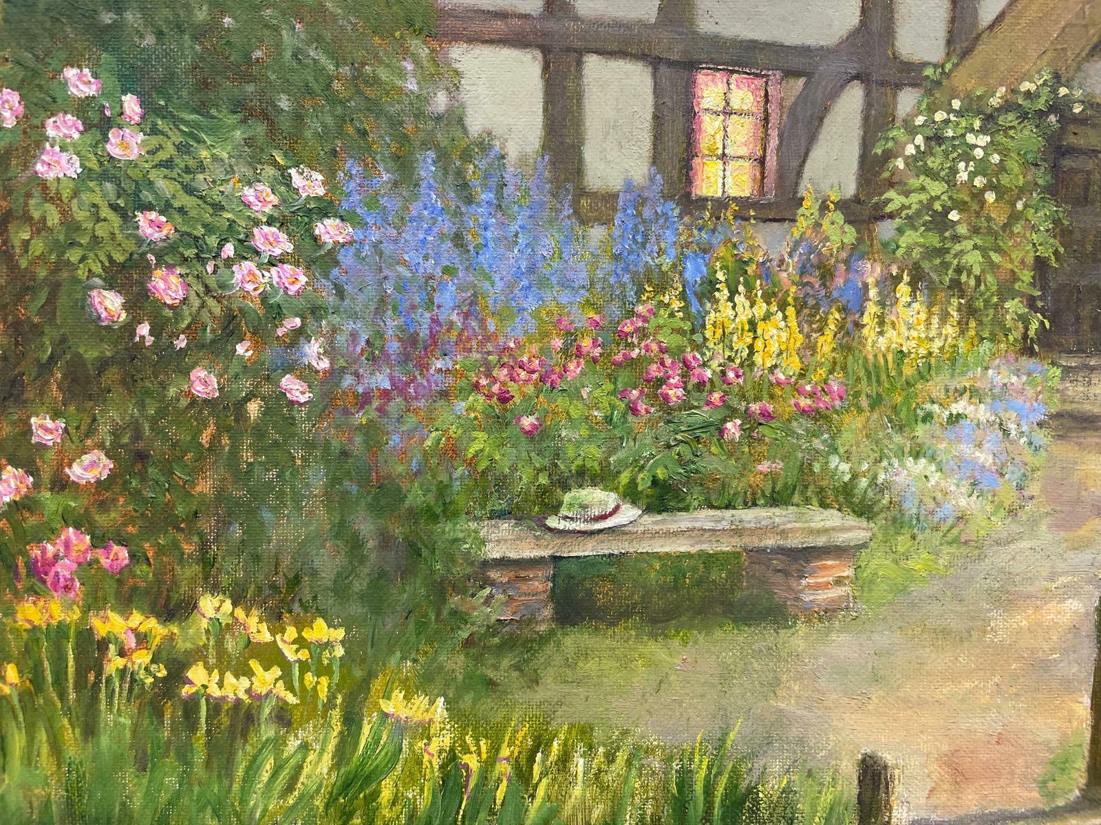Norman Cokerlarge British Impressionist Oil Painting Country Cottage Flower Garden & Ducks photo vintage