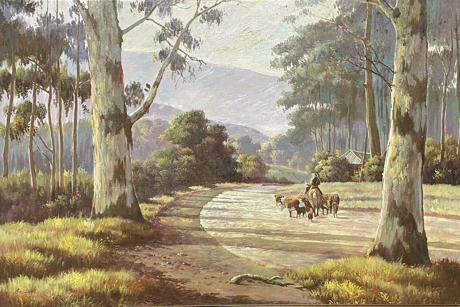 American Artistlarge American Signed Oil Painting   Cattle Herder On Horseback Wide Landscapec. 1970's