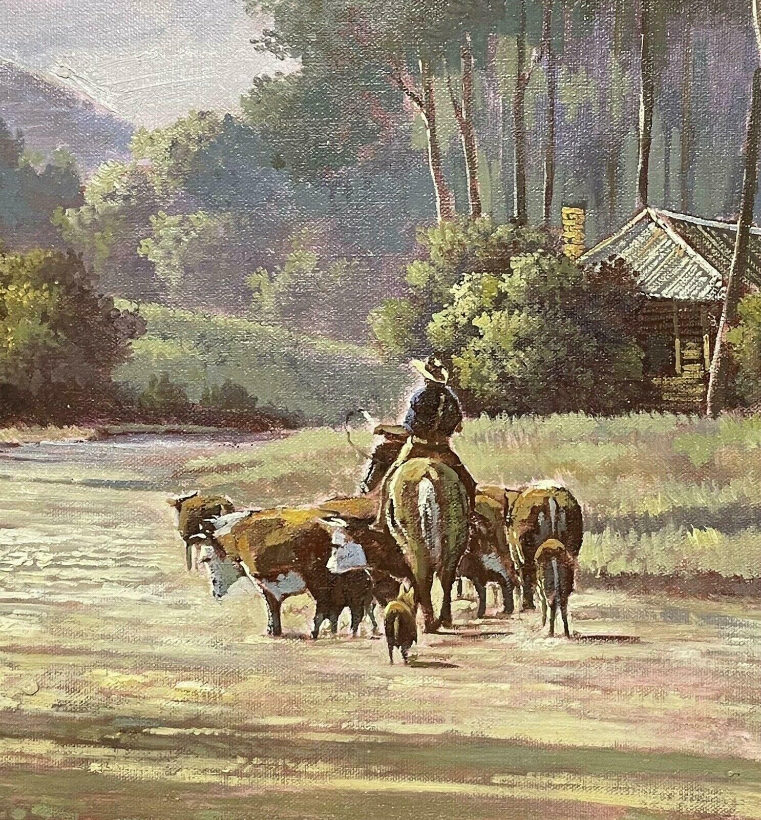 American Artistlarge American Signed Oil Painting   Cattle Herder On Horseback Wide Landscapec. 1970's photo for sale